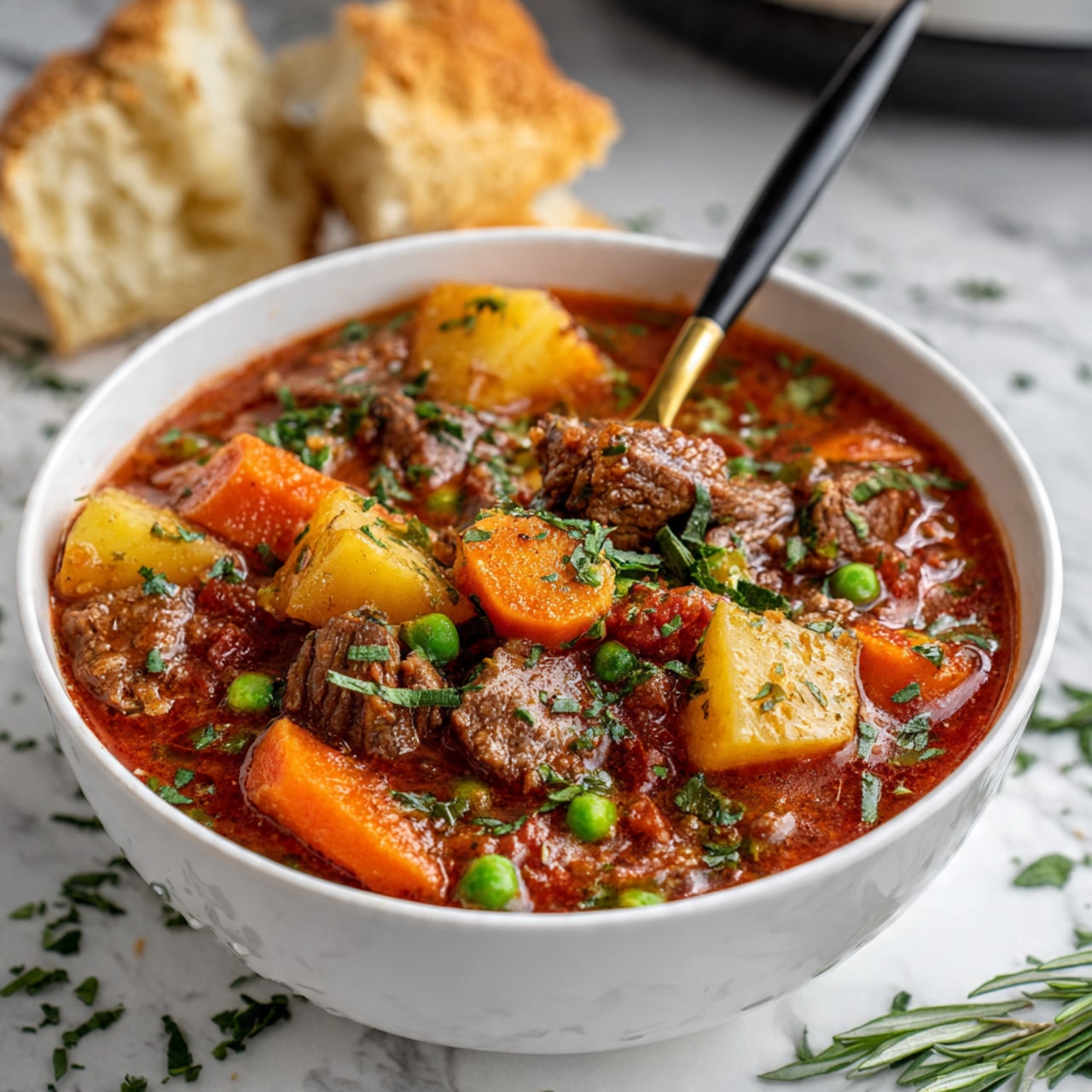 A white bowl filled with thick red tomato soup full of many ingredients shows three main layers: the first layer is a rich red tomato broth that fills almost all the bowl, the second layer has large round orange carrot slices, chunky light brown potato pieces, bright yellow corn kernels, and green peas mixed in, and the third layer is finely chopped cooked brown meat spread throughout with small dark green herbs sprinkled on top for color. Resting inside the bowl is a black spoon with a gold tip. The bowl sits on a white marbled surface with some scattered green herbs nearby and golden-brown bread rolls placed beside the bowl, photo taken with an iphone --ar 4:5 --v 7