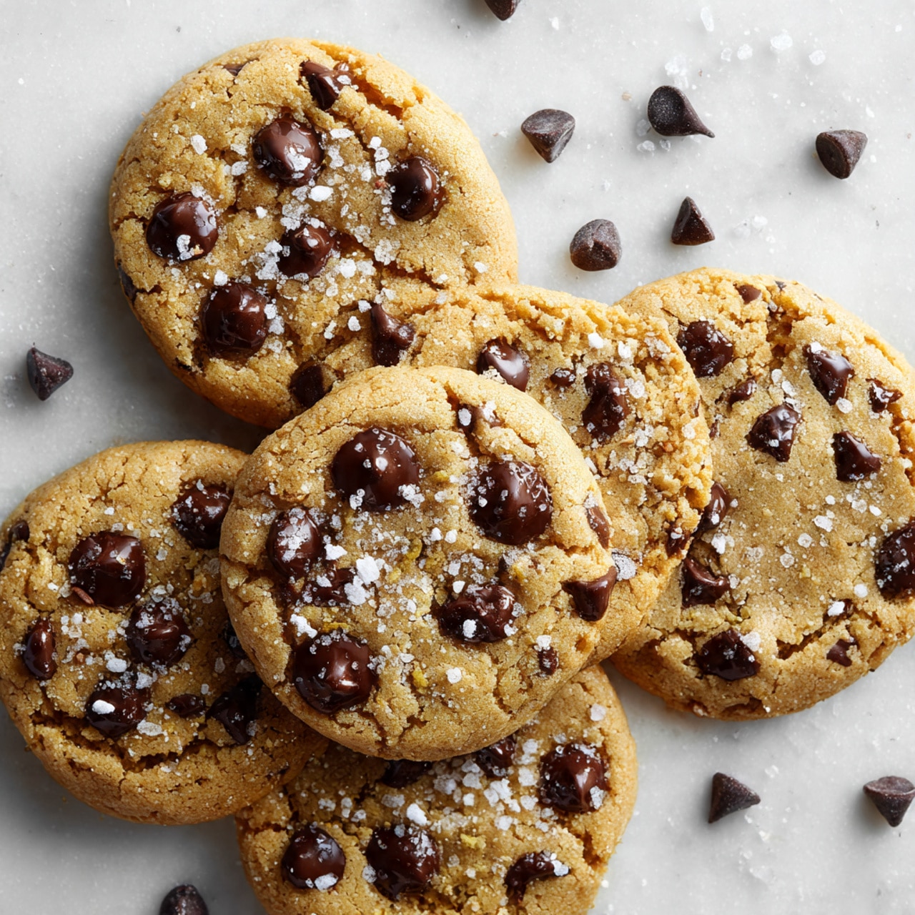 A close-up of a metal bowl filled with light brown cookie dough mixed with dark brown chocolate chips scattered throughout. The dough looks crumbly and chunky, with a textured surface. The inside of the bowl is metallic and shows some dough residue. The bowl sits on a white marbled surface. photo taken with an iphone --ar 4:5 --v 7