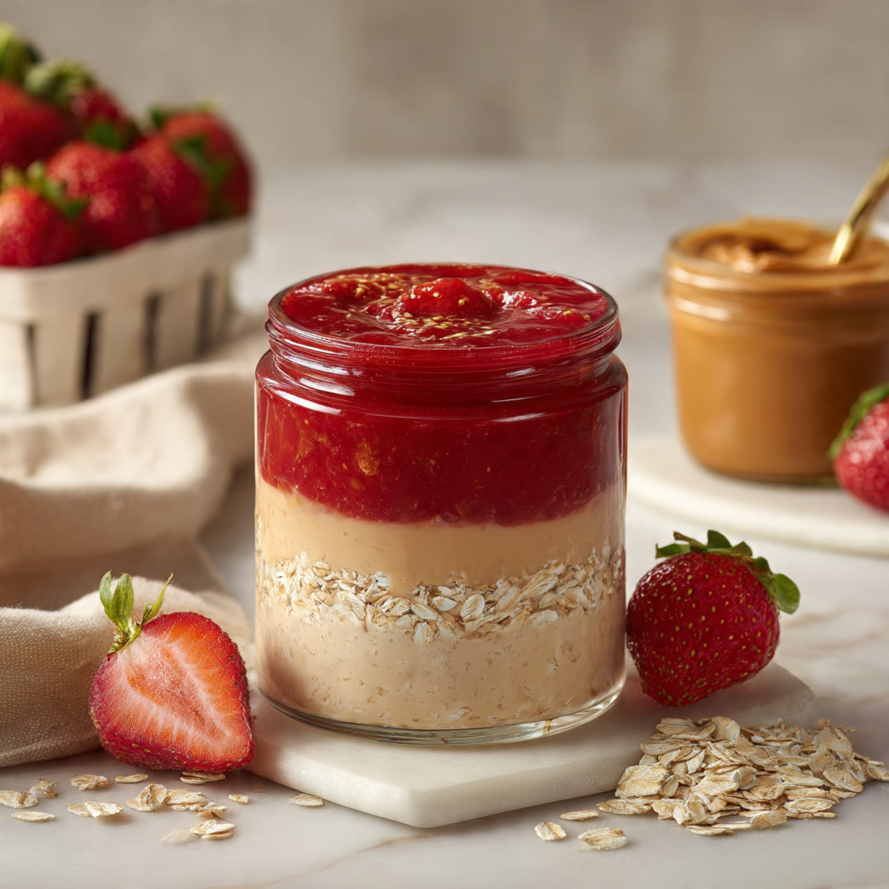 The image shows a clear glass jar filled with two distinct layers. The bottom layer is creamy and beige with small dark specks throughout, resembling overnight oats mixed with seeds, and has some golden bits inside. The top layer is a thick, bright red strawberry mixture with visible chunks of fruit. In the background, there is a white container filled with fresh red strawberries with green leaves, and two fresh strawberries rest on the white marbled surface near two white ceramic spoons in the foreground. The photo taken with an iphone --ar 4:5 --v 7
