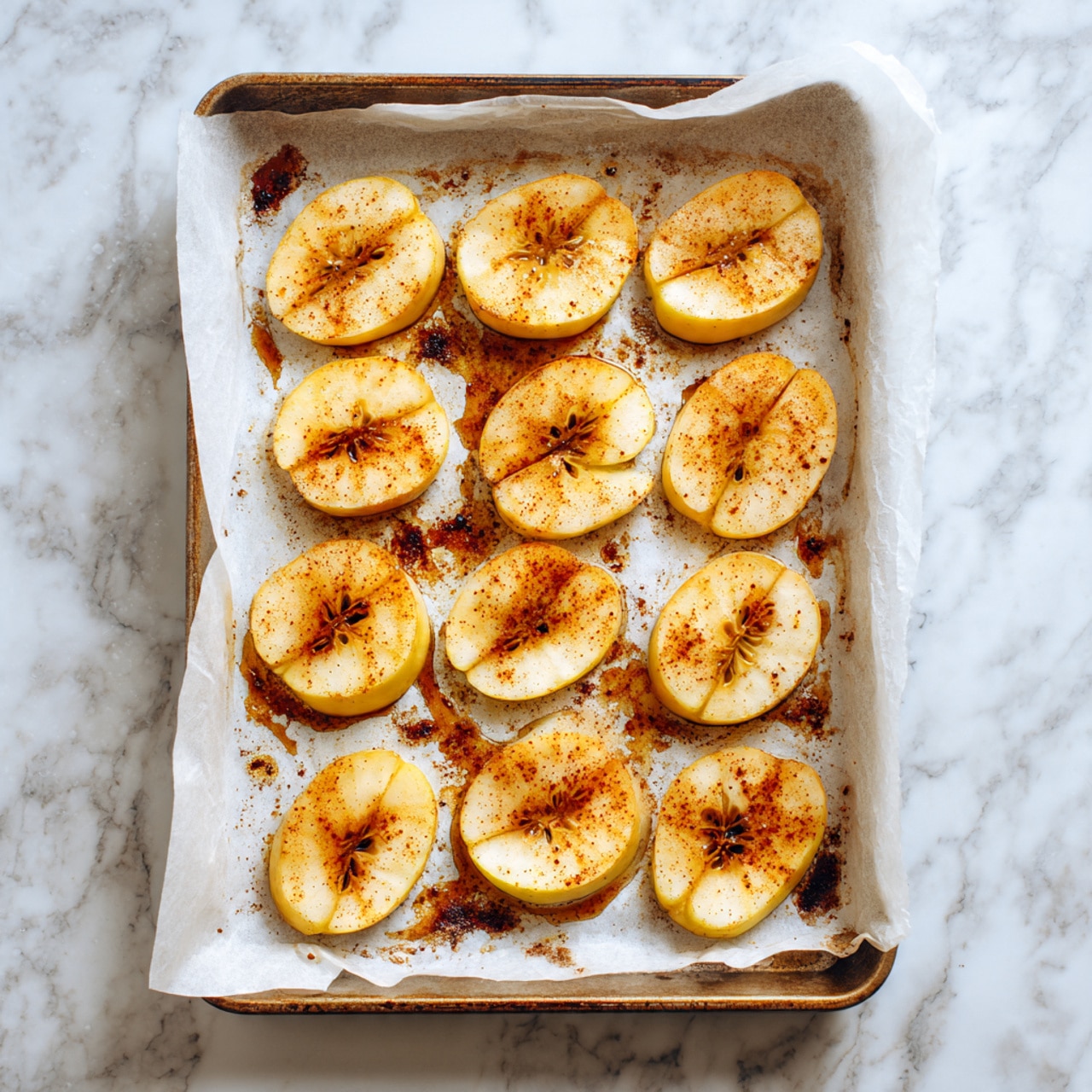 This image shows a baking tray lined with white parchment paper holding 15 pieces of baked apple slices arranged in three vertical columns and five rows. Each apple slice is a warm golden-yellow with some edges slightly browned and sprinkled lightly with cinnamon, creating small dark specks and patches. The bottom and sides of the parchment paper have dark caramelized spots and sticky residue from the baked apples and cinnamon. The background is a white marbled surface. photo taken with an iphone --ar 4:5 --v 7