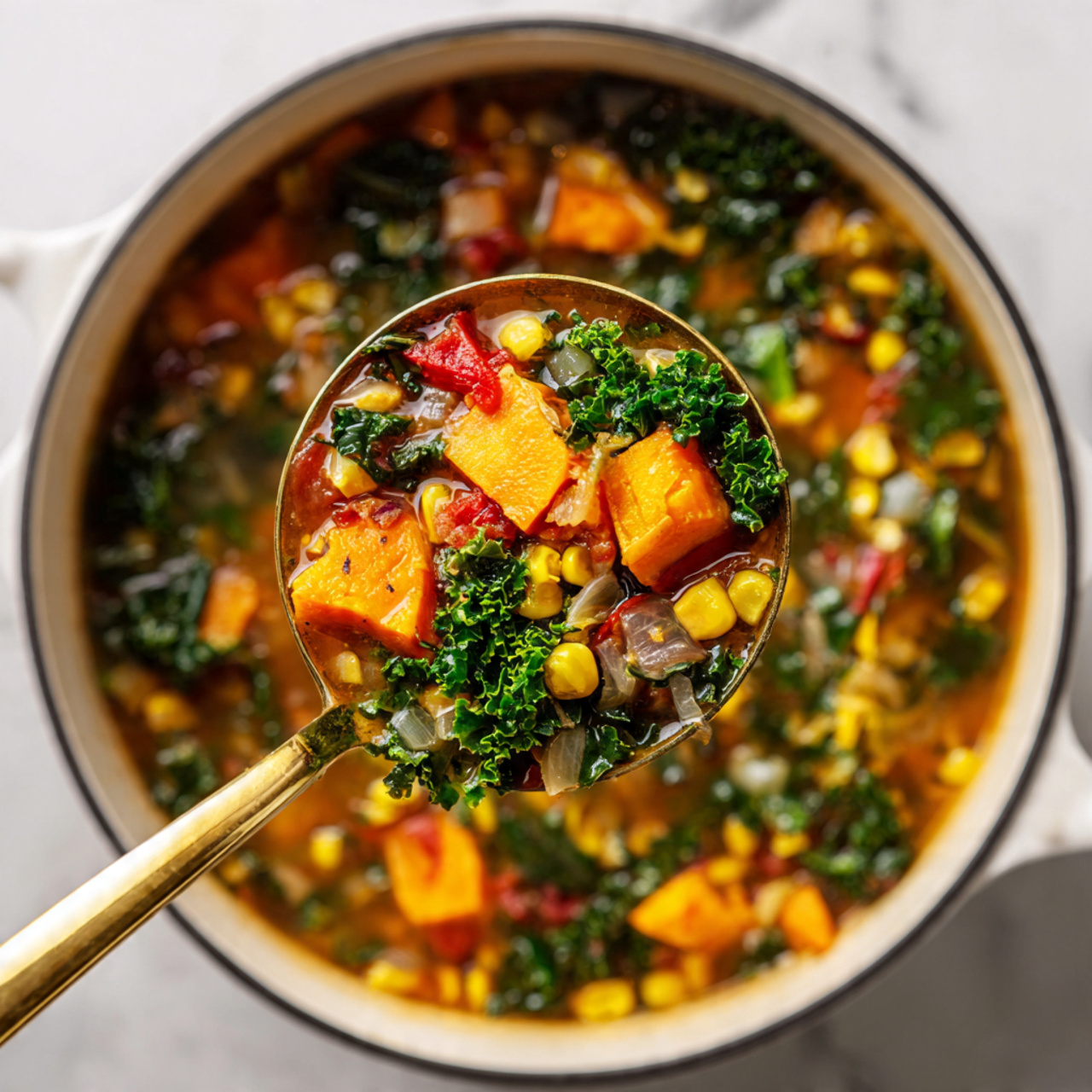 Spiced Vegetarian Vegetable Stew with Sweet Potatoes, Chickpeas, and Kale Recipe 5 A bowl of thick vegetable stew with bright orange chunks of sweet potato, light beige chickpeas, dark green kale, and pieces of translucent onion in a golden broth fills most of the frame. In the center, there is a dollop of white yogurt topped with small green parsley leaves and a sprinkle of red chili flakes. On the left edge, a piece of pale white flatbread leans against the bowl. A silver spoon rests inside the bowl, partially submerged in the stew. The bowl is white and sits on a white marbled surface with scattered green parsley leaves around it. Photo taken with an iphone --ar 4:5 --v 7