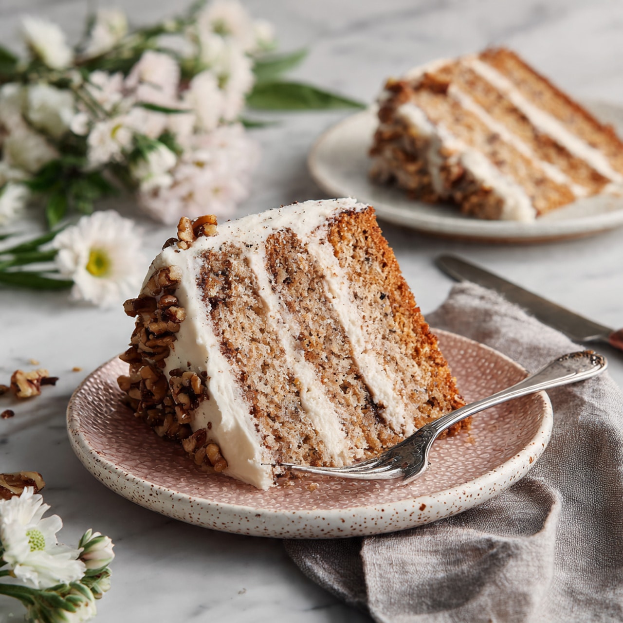 Three pieces of dark toasted bread are placed on a white marbled surface. Each toast has layers starting with spread of nut butter, followed by a row of thick banana slices arranged closely on top. The final layer is sprinkled with toasted coconut flakes, some of which have fallen around the toast. There are small drops and light drizzles of honey on the banana slices and scattered on the surface around the toasts. The overall look is fresh and textured with a mix of brown, cream, and light golden colors. photo taken with an iphone --ar 4:5 --v 7