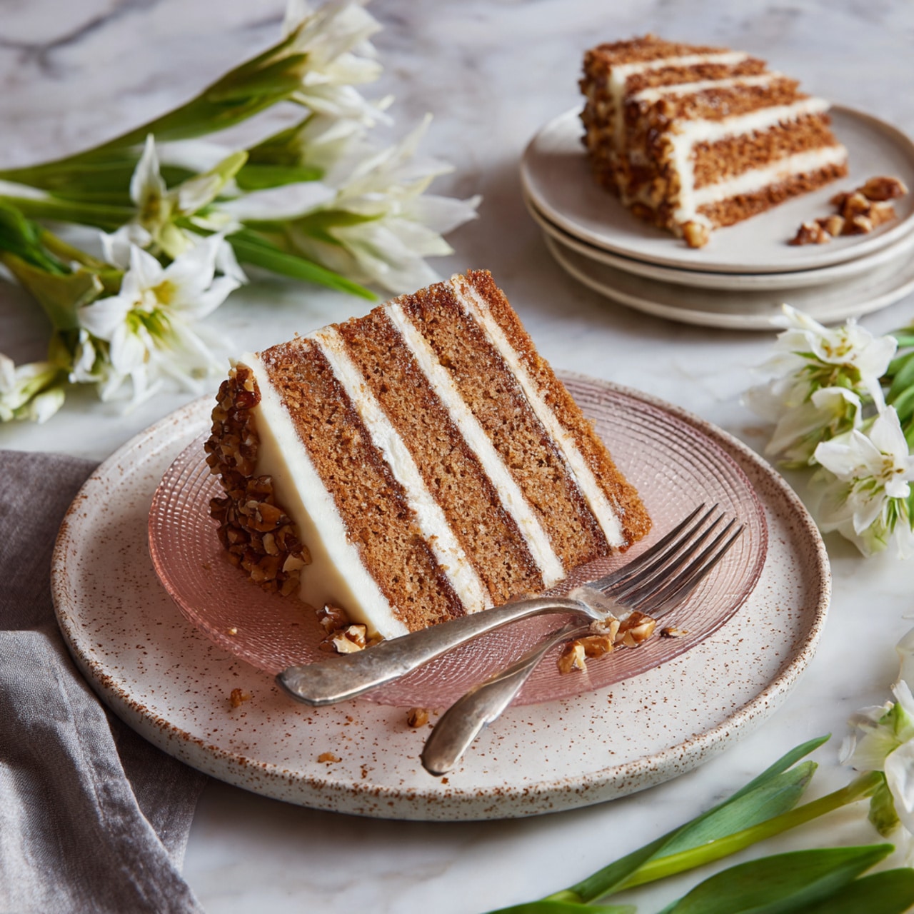 The image shows a slice of layered cake with four thick layers of light brown cake, each separated by a thick white cream filling. The outside is coated with more white cream, and small nut pieces are scattered on the sides. The cake slice sits on a textured light pink glass plate, which is placed on a larger white plate with brown speckles, all on a white marbled surface. Next to the plates, there is a silver fork with a curved handle, partly leaning on a folded gray cloth napkin. White flowers and green stems lie scattered around the scene, adding a fresh touch. A second plate with a smaller portion of cake and a knife with a gray handle appear blurred in the foreground. photo taken with an iphone --ar 4:5 --v 7