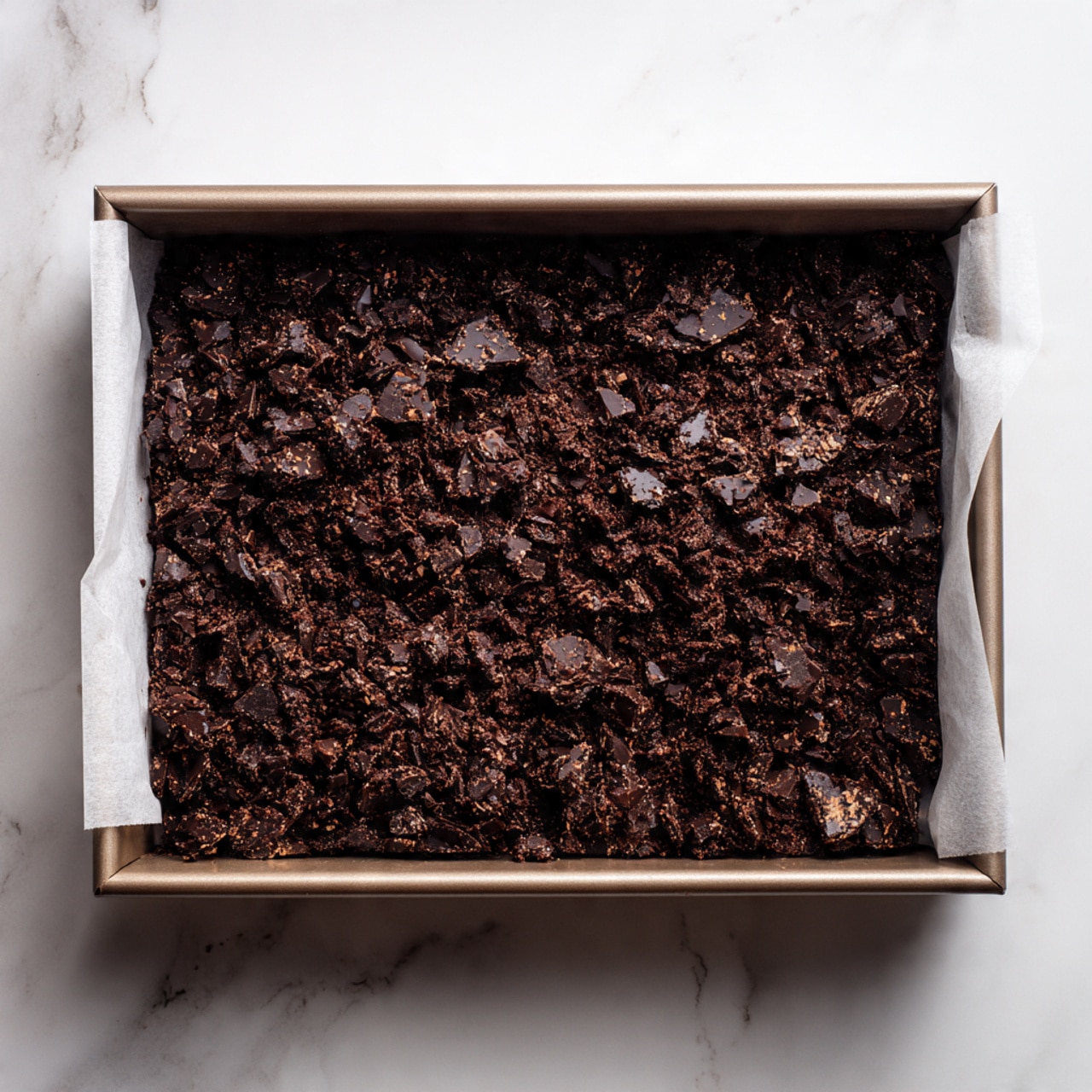 The image shows a rectangular metal baking pan filled with a dense, dark chocolate bark-like treat. The bark has a rough, crumbly texture with uneven chunks packed tightly together, and lighter specks mixed throughout that add some visual contrast. The pan is lined with white parchment paper, which is visible along the edges. The pan rests on a white marbled surface. photo taken with an iphone --ar 4:5 --v 7