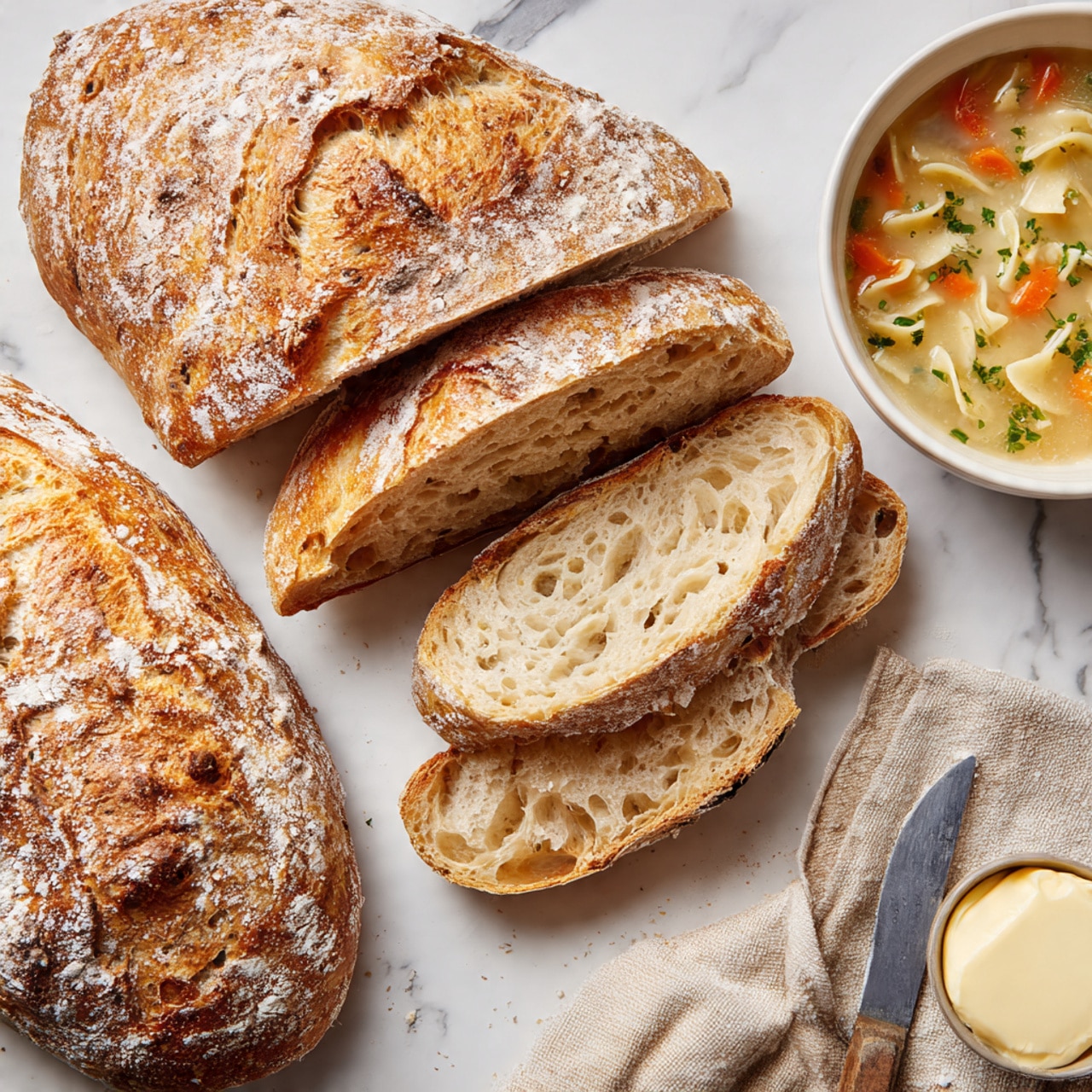 Four golden brown rustic loaves of bread are arranged close together on a white marbled surface. Each loaf has a rough crust with a light dusting of white flour on top and a few deep slashes across the top that show a softer, lighter inside. The bread has a range of warm brown colors from light tan to deeper brown, with a slightly uneven texture from baking. The shadows and highlights show a crusty finish and a fresh, homemade look. photo taken with an iphone --ar 4:5 --v 7