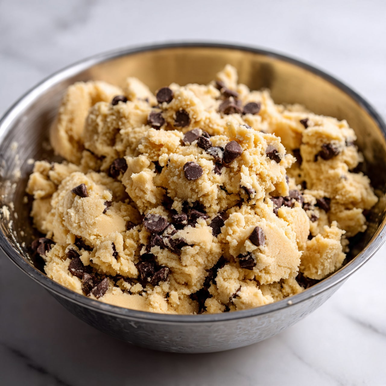 Eight small round cookies with a light golden color and dark chocolate chips spread on top are arranged on a square piece of brown parchment paper. The parchment paper is on a rusty, worn baking tray that has dark brown spots and scratches. The cookies have a slightly rough texture and vary a little in shape but are mostly circular. The background is a white marbled texture. photo taken with an iphone --ar 4:5 --v 7