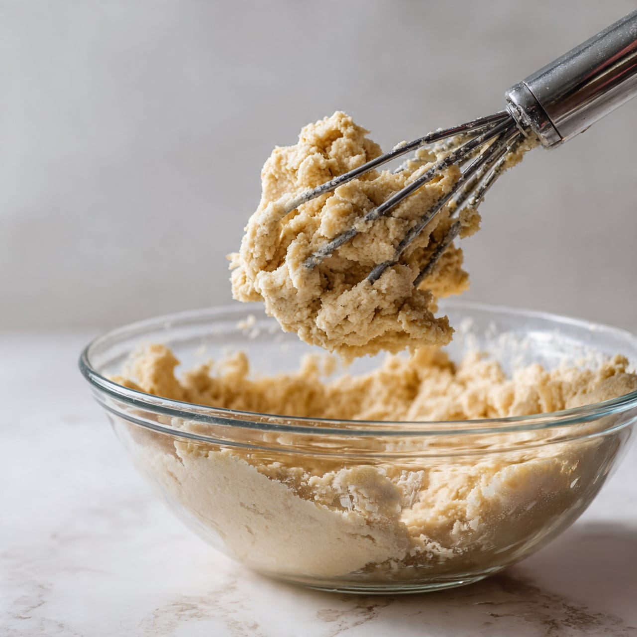 The image shows a stack of three soft cookies on a white marbled surface, each cookie dusted lightly with powdered sugar and sprinkled with slivered almonds. The bottom two cookies are whole, showing a golden-baked color with a slightly cracked texture. The top cookie is broken in half, revealing a soft, airy inside with a shiny, light brown jam or glaze layer near the surface. Scattered cookie crumbs and more cookies are blurred in the background, creating a cozy and inviting scene. Photo taken with an iphone --ar 4:5 --v 7