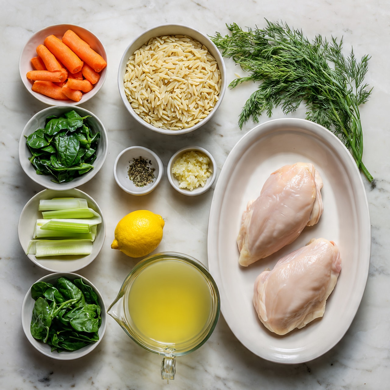 The image shows a close-up of a silver ladle full of clear broth soup held over a white marbled surface. Inside the ladle, there are three orange carrot slices, small white orzo pasta grains, pieces of white poultry meat, and bright green spinach leaves with herbs sprinkled throughout. The broth looks light yellow with slight oil droplets on top, showing a fresh and warm soup. The liquid and ingredients fill the ladle fully, highlighting the textures and colors clearly. Photo taken with an iphone --ar 4:5 --v 7