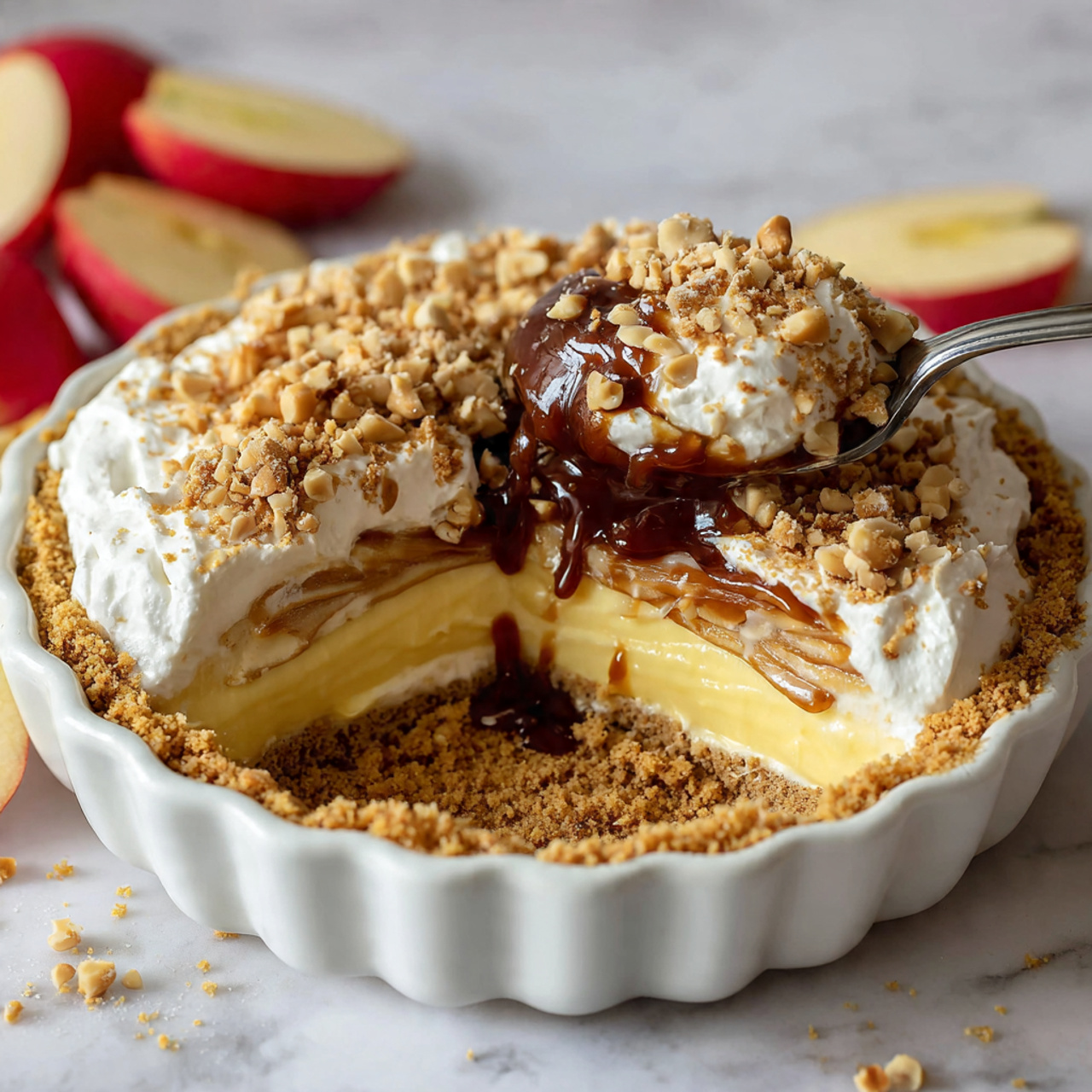 This is a layered pie in a white pie dish with a wavy edge, placed on a white marbled surface. The bottom layer is a crumbly, light brown crust, topped by a creamy white layer that looks smooth and soft. Above this is a medium brown sticky layer, followed by a thick white whipped cream layer. The top is sprinkled generously with small pieces of chopped nuts, giving a rough texture and a golden brown color. A piece of the pie is missing, showing the clear layers inside. In the background, there are a few green and red apples. Photo taken with an iphone --ar 4:5 --v 7