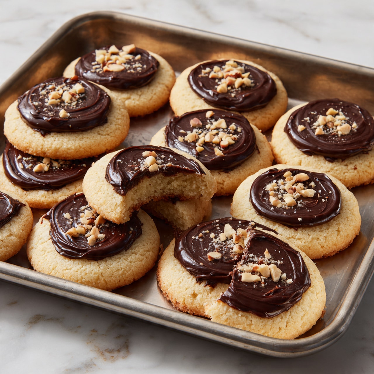 A round white plate holds seven small thumbprint cookies with three layers each: a light brown base with a soft, crumbly texture, a smooth and glossy dark chocolate layer spread thickly in the cookie center, topped with small pieces of crushed nuts in light tan scattered on top. One cookie is broken in half, showing the light brown crumbly inside and the dark chocolate layer on top. The plate rests on a white marbled surface and a gray cloth with white stripes is partially visible on the right side of the image. photo taken with an iphone --ar 4:5 --v 7