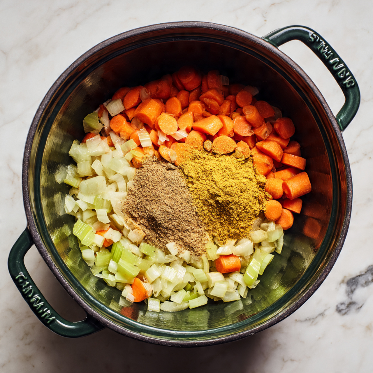 A dark green oval cooking pot with two handles is placed on a white marbled surface. Inside the pot, there is a single layer of small chopped vegetables including orange carrots, light green celery, and white onions spread evenly. On top of the vegetables, two piles of ground spices are placed near the center: one brown and one golden yellow. The colors of the vegetables and spices contrast well against the dark interior of the pot. photo taken with an iphone --ar 4:5 --v 7