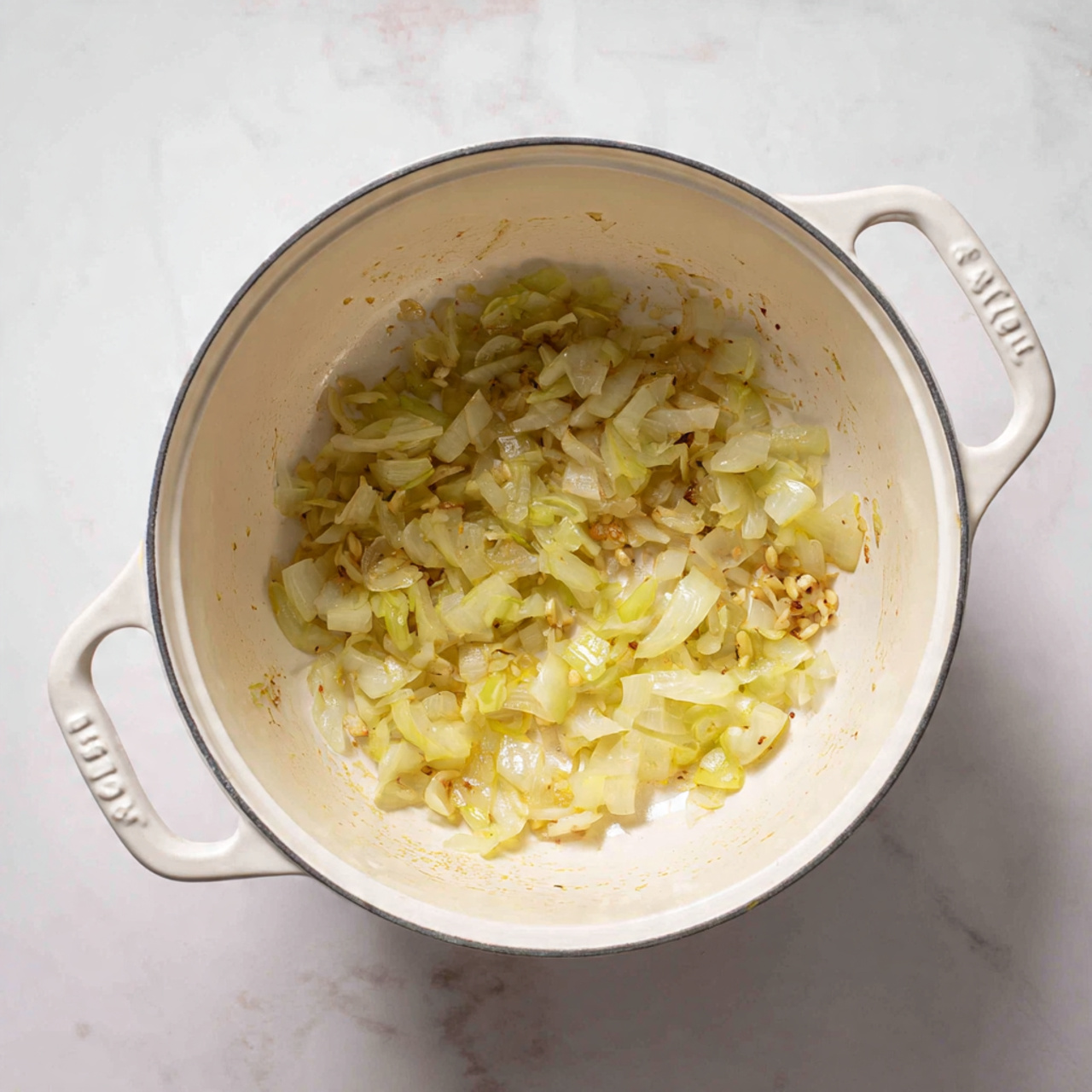 Spiced Vegetarian Vegetable Stew with Sweet Potatoes, Chickpeas, and Kale Recipe 4 A white pot filled with a colorful soup showing several layers: bright orange chunks of soft sweet potato, green leafy kale pieces, yellow corn kernels, and small red tomato bits mixed with translucent diced onions, all in a thin broth. A close-up of a golden spoon holding a scoop of these ingredients is lifted above the pot, clearly displaying the varied textures and colors with the soup simmering below on a white marbled surface. photo taken with an iphone --ar 4:5 --v 7