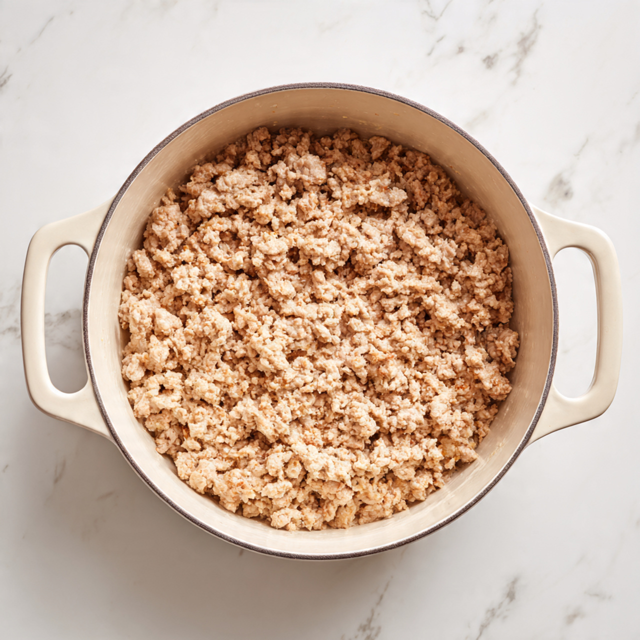 A close-up view of a spoon lifted above a large white pot filled with a creamy orange soup. The spoon holds chunky pieces of golden cauliflower florets, bright green kale leaves, small sliced dark green zucchini pieces, and bits of pale cooked meat mixed in the rich orange broth. The soup in the pot shows similar chunky vegetable and meat pieces throughout, surrounded by the smooth textured orange liquid. The pot sits on a white marbled surface. Photo taken with an iphone --ar 4:5 --v 7