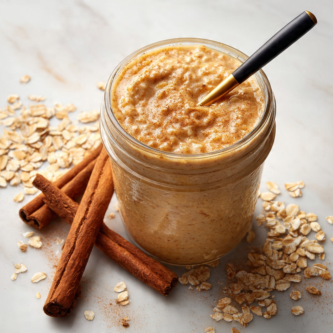 A clear glass jar is filled with a thick, creamy oatmeal mixture that is light brown with visible oats and cinnamon specks. A black and gold spoon is sticking out from the middle of the jar, slightly submerged in the oatmeal. Surrounding the jar on a white marbled surface are scattered oat flakes and a few whole pecans and cinnamon sticks. The scene is softly lit, highlighting the texture of the oatmeal and the smooth glass edges of the jar. photo taken with an iphone --ar 4:5 --v 7