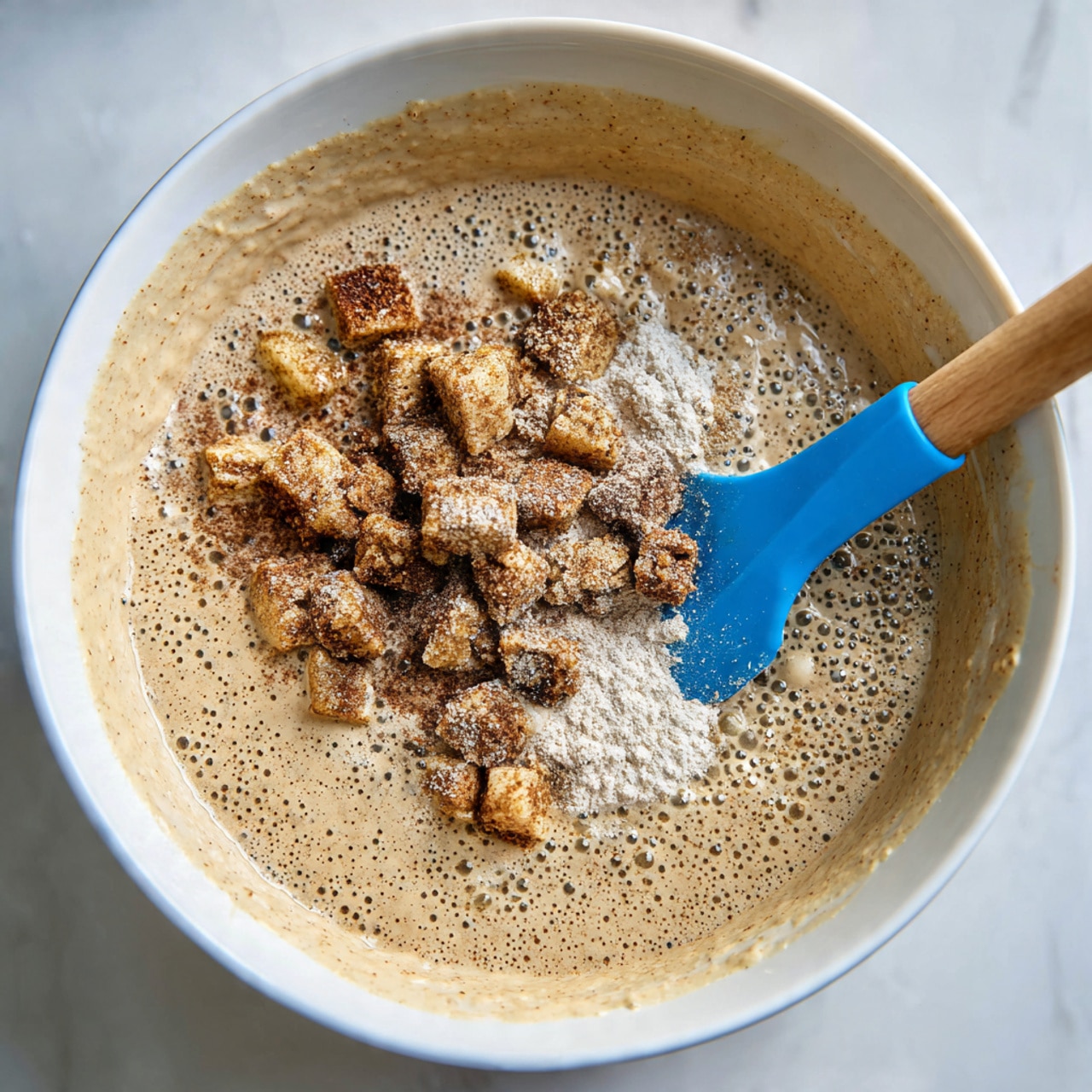 A freshly baked loaf of bread sits upright in a rectangular metal baking pan lined with parchment paper, showing a golden-brown crust with rough cracks on the surface. The top is dotted with chunks of toasted apple pieces with darker edges scattered evenly throughout, providing a textured and slightly rustic look. The pan rests on a metal tray, which lies on a white marbled surface, and an orange quilted oven mitt is partially visible to the side. The lighting highlights the warm tones and textures of the bread's crust. photo taken with an iphone --ar 4:5 --v 7
