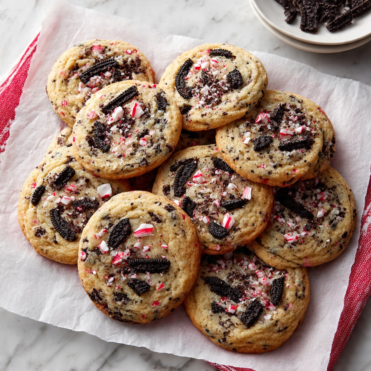 The image shows a close-up of chewy cookies on white parchment paper with bits of crushed red and white candy cane pieces and pieces of black chocolate sandwich cookies mixed inside. Each cookie is golden brown with a slightly shiny, bumpy surface, featuring chunks of red and white candy cane and dark chocolate cookie pieces. The cookies are arranged casually on the white marbled surface, with some extra candy cane pieces scattered nearby. A white bowl filled with more broken candy cane pieces is partially visible in the bottom right corner. photo taken with an iphone --ar 4:5 --v 7