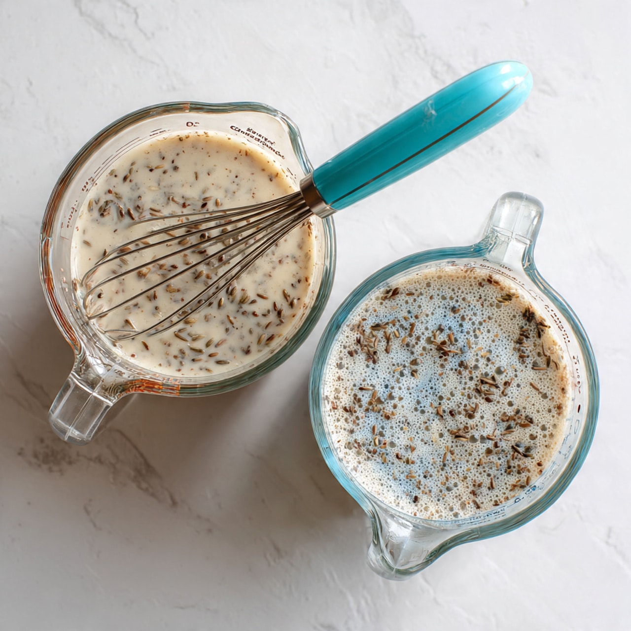 Several slices of multigrain bread are spread loosely on a white marbled surface, showing their light brown and seeded texture clearly, with visible small seeds embedded in the soft bread. In the top right corner, a white fluted dish holds a small amount of pale yellow butter, with a silver butter knife resting in it, the butter showing smooth and creamy texture. A folded brown cloth napkin with some scattered sunflower seeds adds a touch of natural color near the bottom left area of the layout photo taken with an iphone --ar 4:5 --v 7