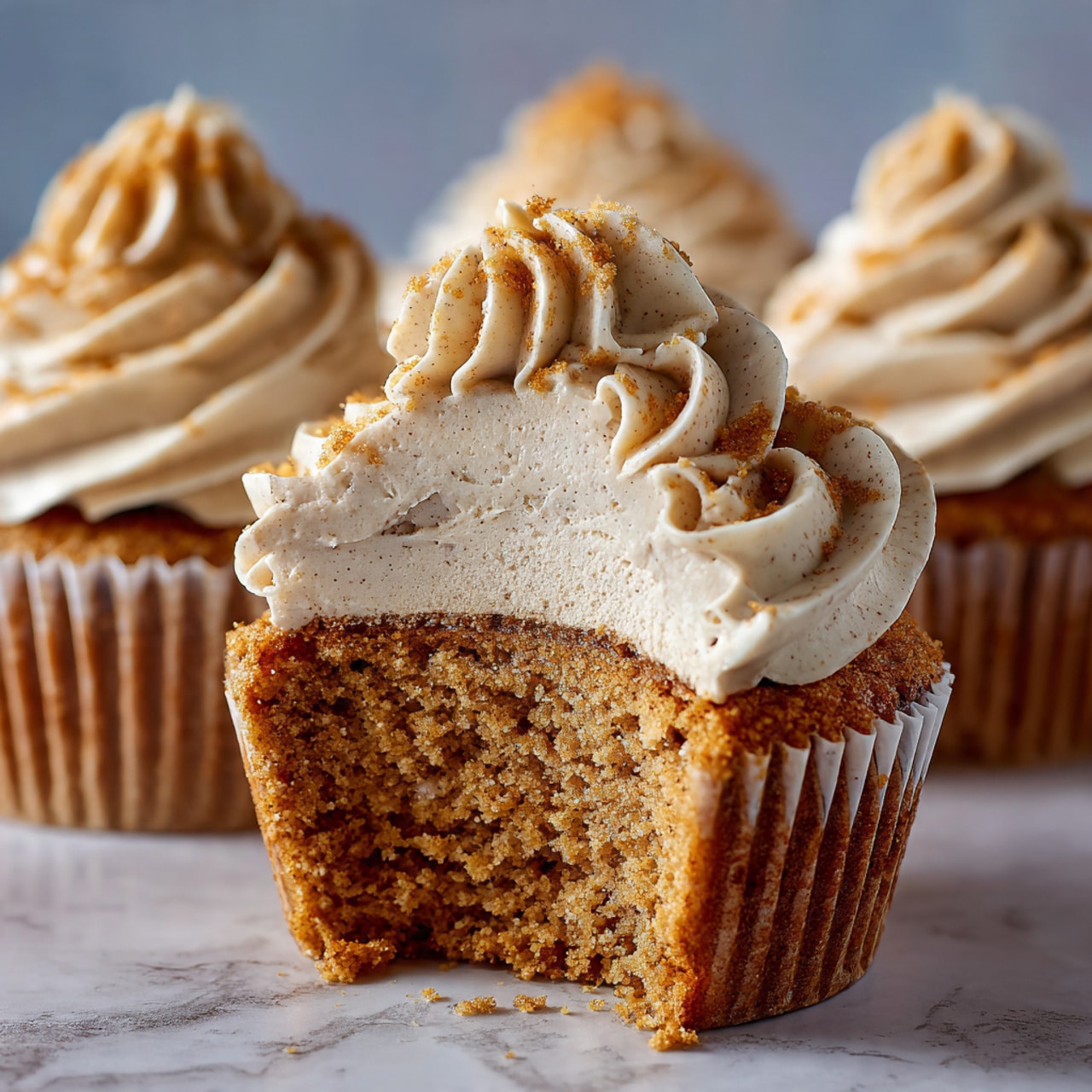 The image shows several cupcakes with three visible layers: a crumbly brown base layer, a thicker light brown middle layer with a smooth texture, and a top layer of light cream-colored swirled frosting sprinkled with small brown crumbs. One cupcake in the center is cut in half, clearly showing all three layers. The cupcakes are placed closely together on a brown surface, and the background is softly blurred. Photo taken with an iphone --ar 4:5 --v 7