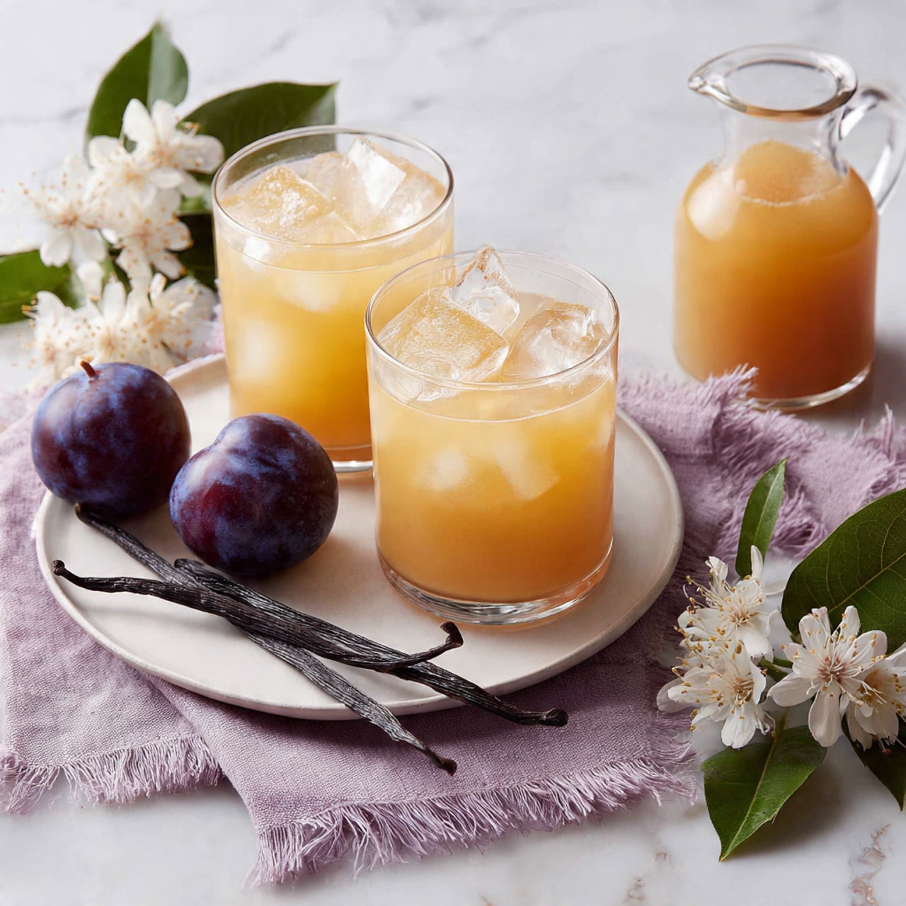Two clear glasses filled with a light orange drink, each containing one large ice cube, sit on a white plate. The plate also holds two whole dark purple plums and two long, thin black vanilla beans. The plate is placed on a soft, light purple cloth with frayed edges, beside which are scattered several white flowers with green leaves. In the upper right corner, there is a clear glass jug filled with the same orange drink. The background is a white marbled texture. photo taken with an iphone --ar 4:5 --v 7