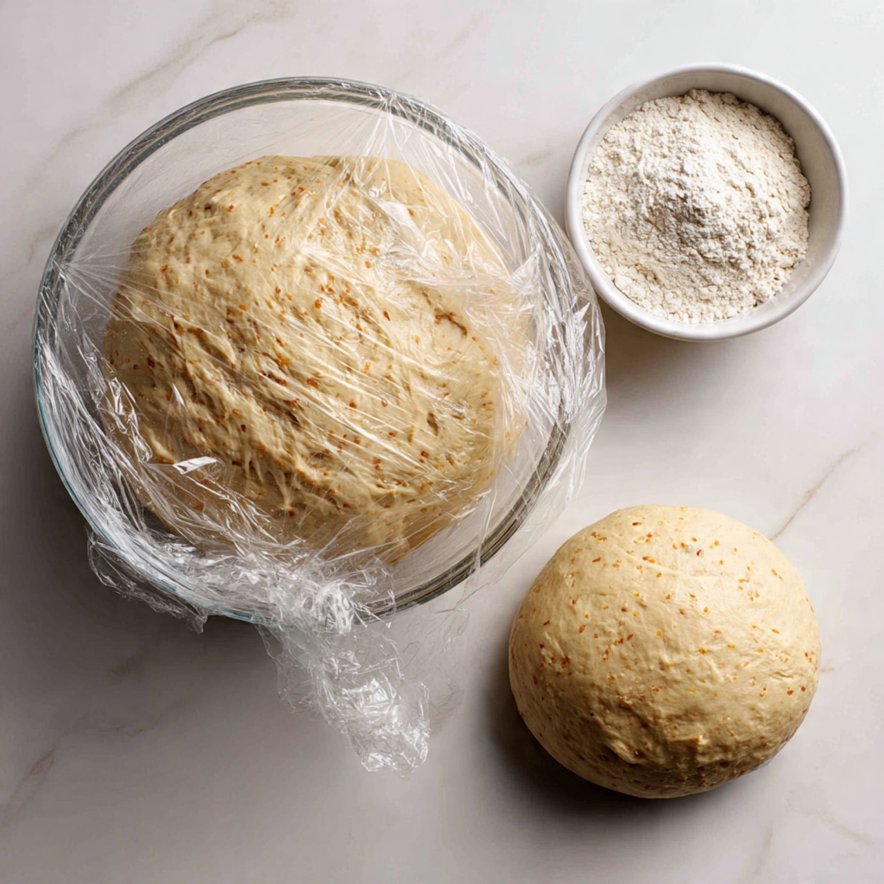 A close-up of a sliced loaf of garlic cheese bread with one visible thick slice in front, showing a soft, light golden inside filled with melted cheese and green herbs swirled throughout. The crust is golden brown, shiny, and slightly crispy, with coarse salt and small rosemary sprigs on top. The bread rests on a white marbled surface with a small bunch of fresh rosemary on the right side. The background is a plain, soft beige color. Photo taken with an iphone --ar 4:5 --v 7