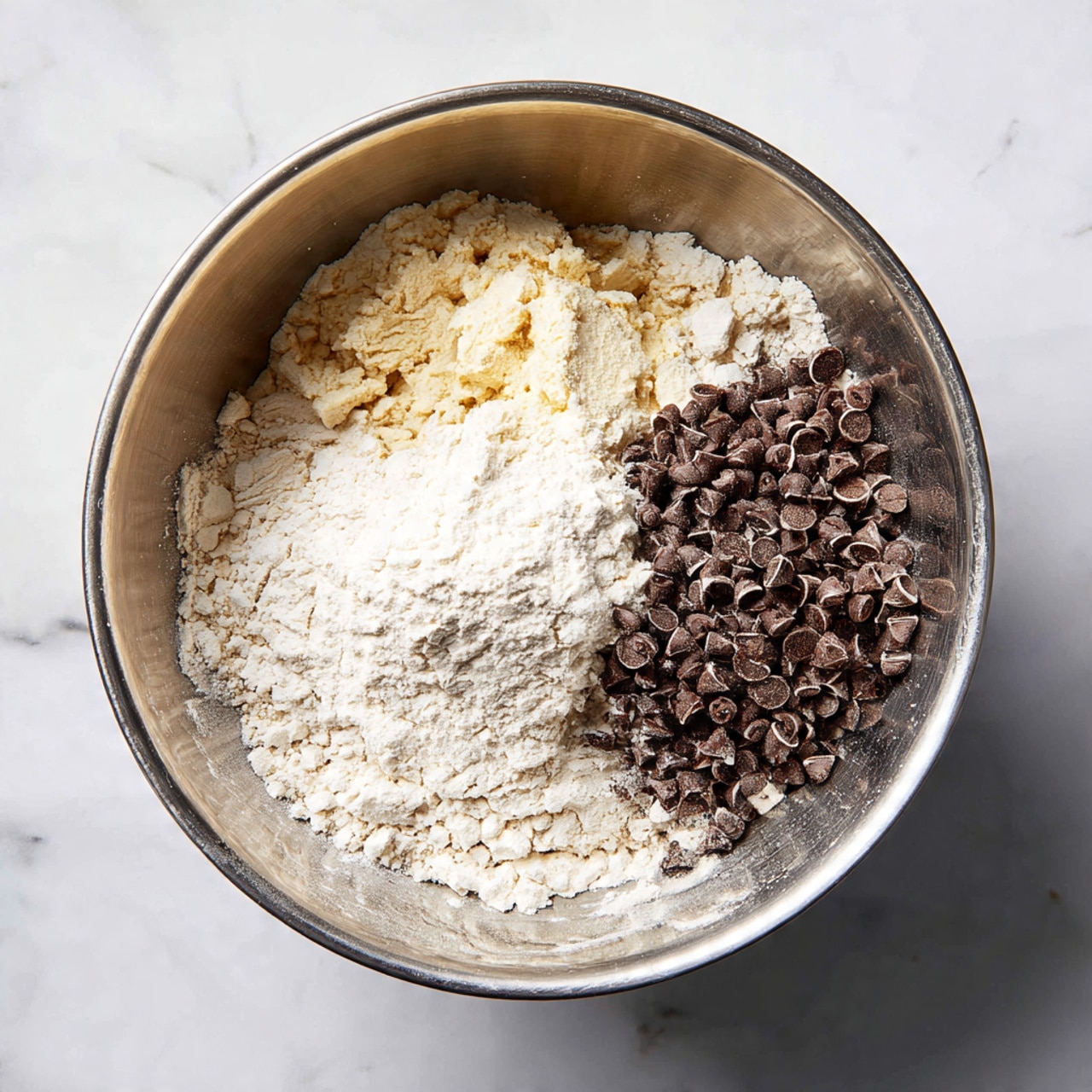 A white rectangular dish holds a large baked chocolate chip cookie bar cut into triangular pieces. The cookie bar has a light golden brown color with dark chocolate chips scattered evenly on the top. Three triangular pieces are taken out and placed inside the dish, showing the soft texture inside. The dish sits on a white marbled surface, and a woman's hand holds the dish on the left side photo taken with an iphone --ar 4:5 --v 7