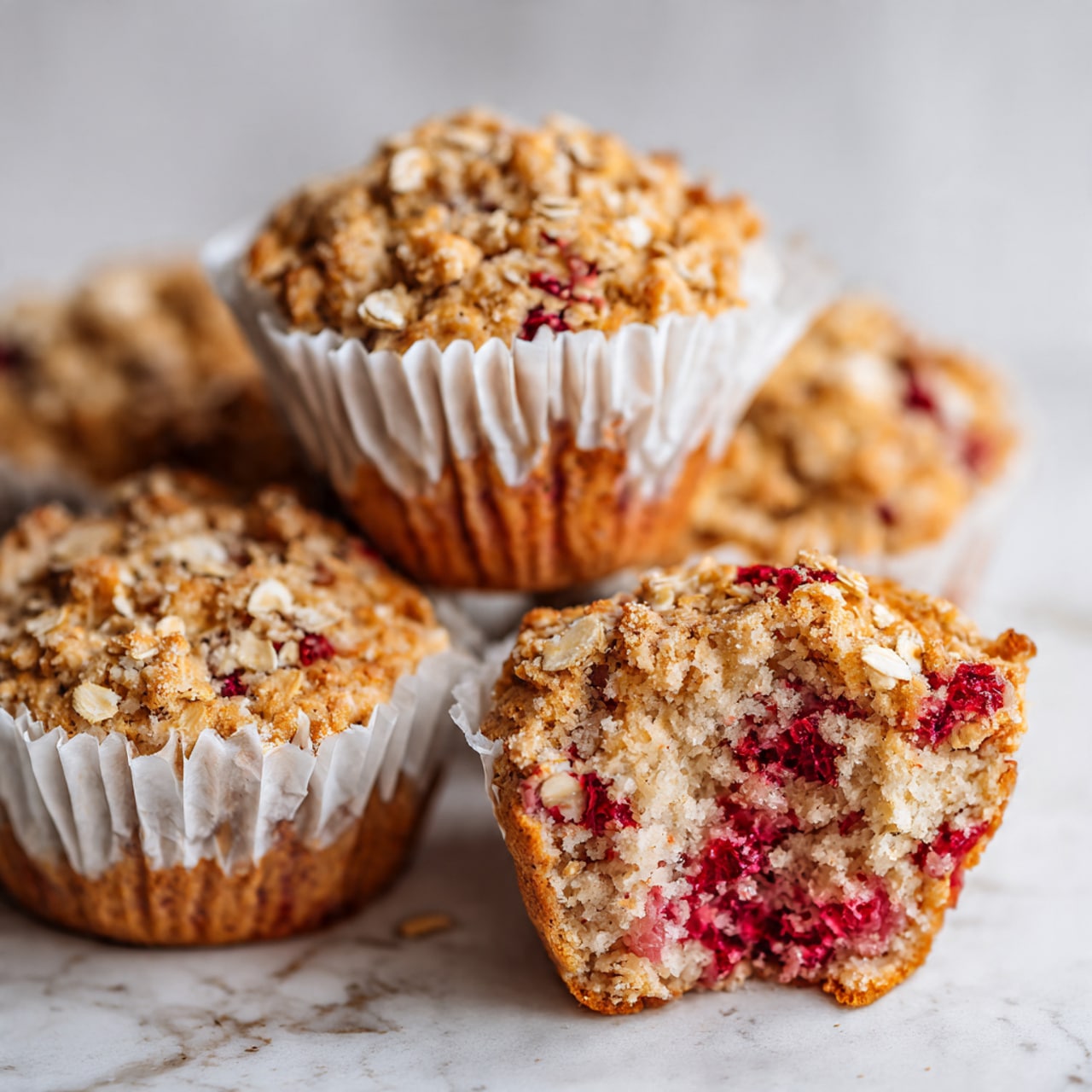 A metal muffin baking tray holds six golden brown muffins, each topped with small red fruit pieces and oat flakes. The muffins have a rough, slightly cracked surface with the red fruit pieces scattered on top and inside the muffins adding contrast. One muffin is open, showing its soft, moist crumb with red fruit chunks inside and paper liner edges curling outward. The tray rests on a white marbled textured surface, creating a clean and bright backdrop. Photo taken with an iphone --ar 4:5 --v 7