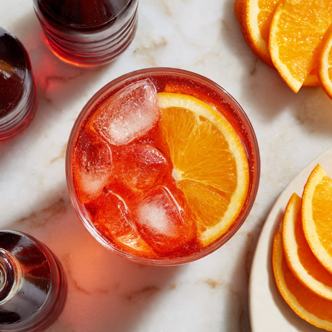 A top view of a clear glass filled with a bright orange and red liquid, with ice cubes floating inside. Inside the glass, a large orange slice is placed along the edge. Around the glass, there are soda bottles with dark and red liquid, a white plate on the right edge of the image with several orange slices, all set on a white marbled surface. Photo taken with an iphone --ar 4:5 --v 7