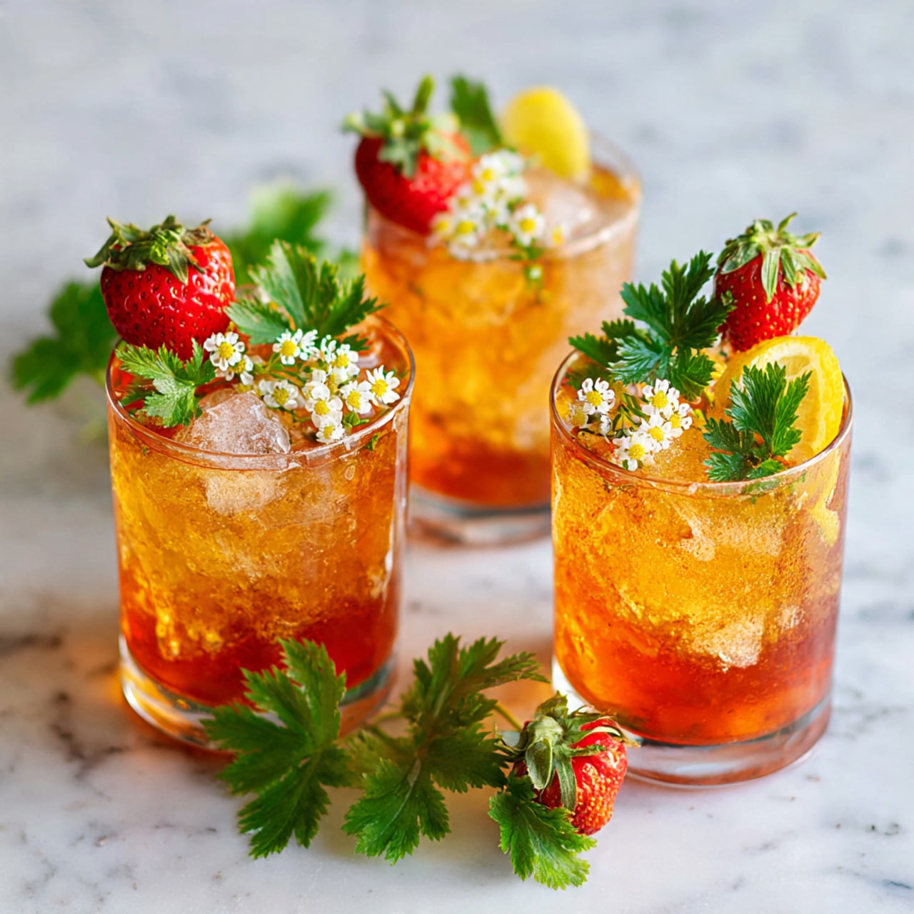 The image shows two clear glasses filled with a light orange drink, each glass containing crushed ice that gives a textured look on top. The front glass is garnished with large bright green basil leaves and thin cucumber slices visible just beneath the ice. The second glass in the background has a yellow lemon slice and more green leaves as garnish. Surrounding the glasses are fresh red strawberries with green leafy tops on a white marbled surface. The overall setting is bright with soft natural light. Photo taken with an iphone --ar 4:5 --v 7