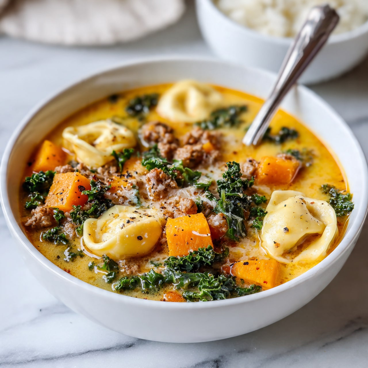 The image shows a white bowl filled with a rich soup that has three main layers: at the top, there are light yellow tortellini pasta pieces with a soft texture, scattered throughout the bowl; beneath and mixed with the tortellini, there are chunks of bright orange butternut squash and small pieces of cooked ground meat with a brown, crumbly texture; dark green wilted kale adds color contrast throughout the dish, all sitting in a yellow-orange broth with a slight oily sheen and specks of black pepper. A silver spoon rests inside the bowl, partially submerged in the soup, and the bowl is set on a white marbled surface with a small portion of a white bowl of rice seen blurred in the background. photo taken with an iphone --ar 4:5 --v 7