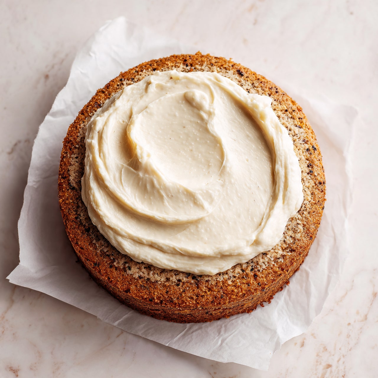 A single round layer of light brown, textured cake with visible small dark specks sits on white parchment paper on a white marbled surface. On top of the cake layer, there is a thick, uneven spread of smooth, white cream in the center. The cake looks soft and moist, and the cream adds a soft contrast with its bright white color and fluffy texture. photo taken with an iphone --ar 4:5 --v 7