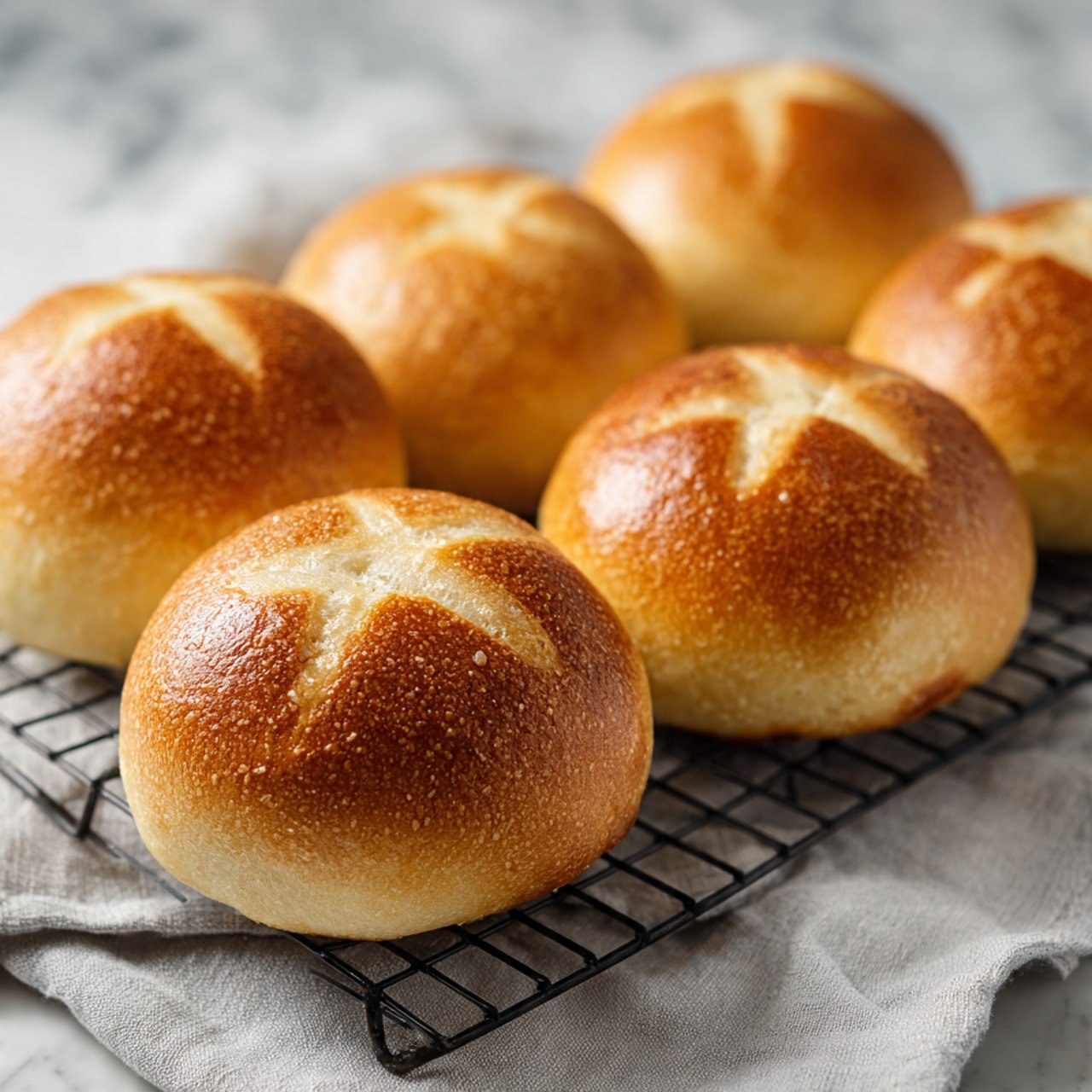 The image shows soft, round bread rolls with a shiny golden-brown crust on top, each roll featuring a small, distinct cut pattern that looks like a cross or star. The rolls are resting closely together on a black cooling rack, which sits on a white marbled surface covered partially with a light gray cloth. The texture of the bread tops is smooth and slightly glossy, showing a fresh, baked look. Photo taken with an iphone --ar 4:5 --v 7