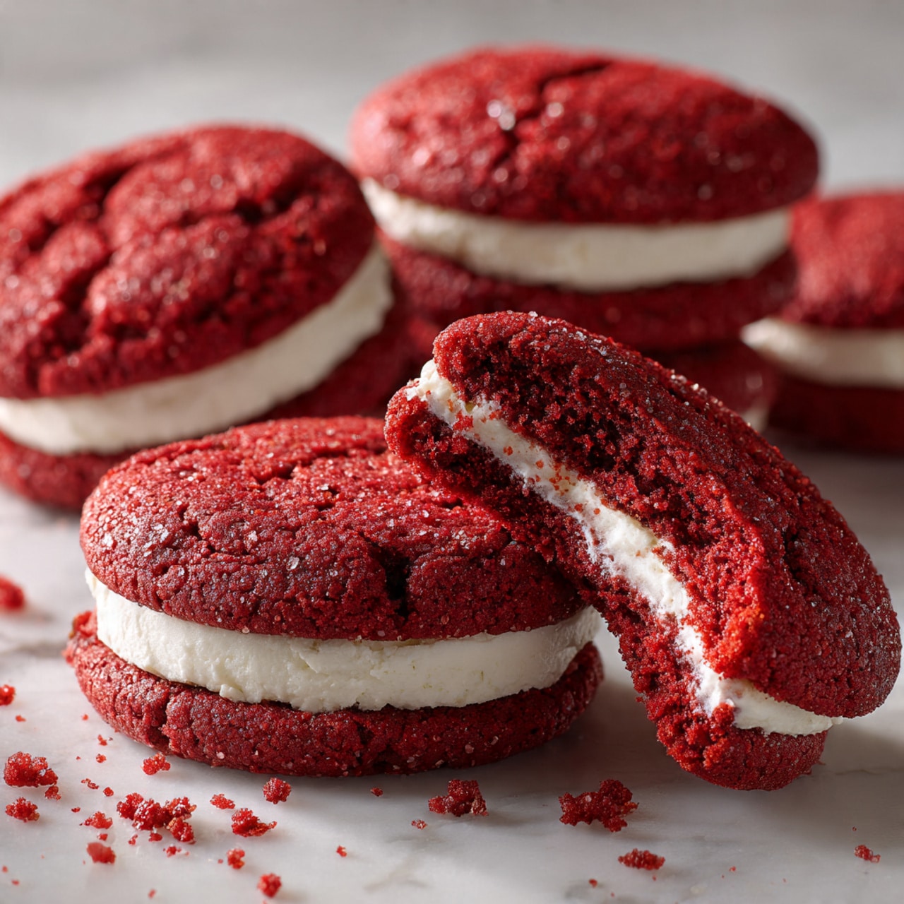 A close-up view of six red velvet sandwich cookies lined up vertically inside a gray rectangular baking pan lined with light brown parchment paper. Each cookie has two deep red, cracked-texture discs with a thick white creamy layer in the middle. The pan rests on a white marbled surface with a few crumbs and cookie pieces scattered around. A striped black and white cloth napkin is partially visible on the right side of the image. Photo taken with an iphone --ar 4:5 --v 7