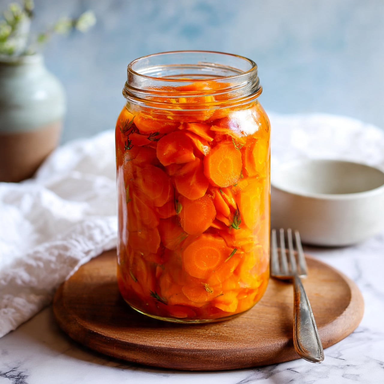 A clear glass jar with a silver lid filled with two main layers of sliced vegetables: the bottom layer is pale yellow and the top layer is bright orange-red, all submerged in clear liquid. The jar is placed on a rough, bark-textured wooden board, which rests on a white marbled surface. The background is plain white, making the vibrant colors of the vegetables stand out. The jar has embossed lettering on the front that says