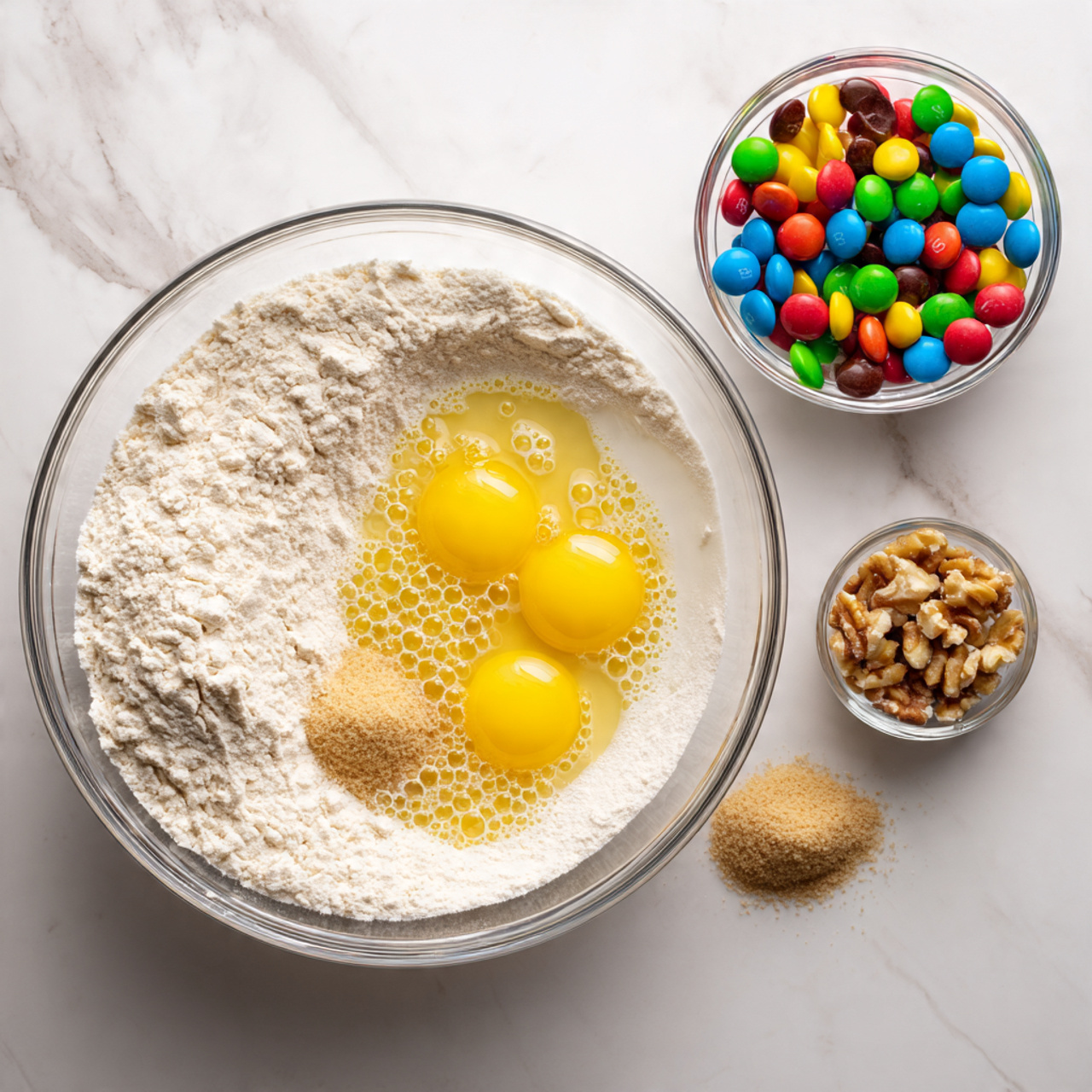 A clear glass bowl sits on a white marbled surface, filled with several layers of baking ingredients that are not mixed. The bottom layer is off-white flour spread unevenly, topped with a whiter liquid likely milk on the right side, a cluster of yellowish beaten eggs with bubbles on the left, and a small mound of brown sugar near the middle. Next to the large bowl, there is a smaller clear glass bowl filled with colorful candy-coated chocolates, nuts, and raisins. The scene looks ready for baking preparation, photo taken with an iphone --ar 4:5 --v 7