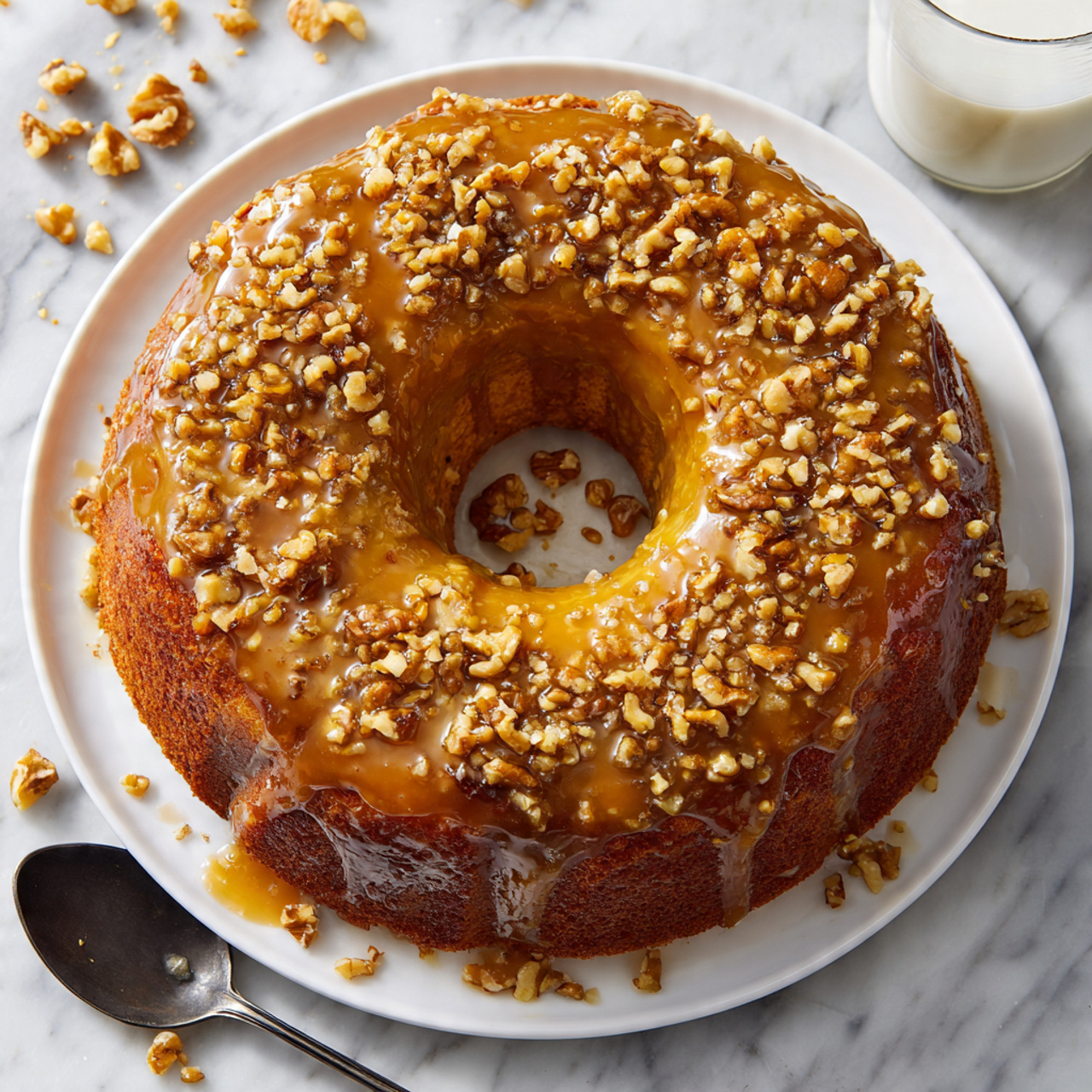 Easy Monkey Bread Recipe 5 The image shows a round bundt cake on a white plate, with the cake covered in a thick caramel glaze and sprinkled generously with chopped walnuts all over the top. The cake has a shiny, glossy texture from the caramel, and the walnuts add a rough, crunchy look with their uneven small and medium pieces. The cake itself is golden brown and puffed up, the center hole clearly visible. There is a dark spoon lying on the marble surface partly under the plate, and scattered walnut pieces around it on the white marbled background. A glass of milk is visible at the top right edge. photo taken with an iphone --ar 4:5 --v 7