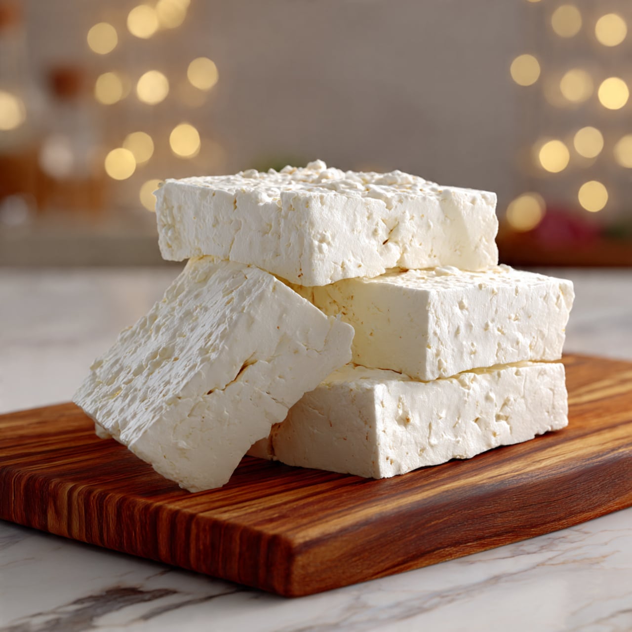 A cluster of soft white cheese is placed on a wooden board with rich brown and orange grain textures. The cheese is divided into five thick pieces, each showing a crumbly and slightly creamy texture with small cracks and uneven surfaces. The background is a white marbled surface with light gray and reddish veins, softly blurred, and warm, round bokeh light spots glowing faintly in the upper left side of the image. The photo taken with an iphone --ar 4:5 --v 7