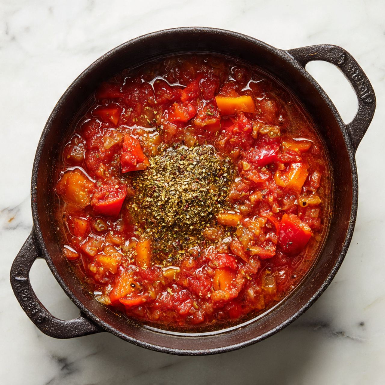 A black cast-iron pot filled with a thick, chunky red tomato stew sits on a white marbled surface. The stew has visible pieces of red and orange bell peppers and diced tomatoes, giving it a rich, vibrant mix of red and orange colors. In the center of the stew, there is a noticeable greenish pile of dried herbs or seasoning, adding texture contrast. The pot has two handles on each side, and the stew shows a mix of liquid and soft vegetable pieces, creating a hearty and rustic look. photo taken with an iphone --ar 4:5 --v 7