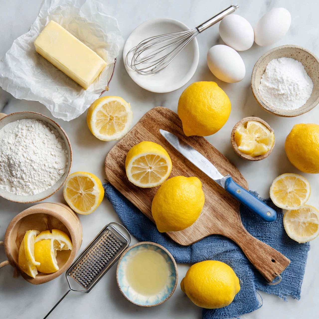 The image shows nine square lemon bars arranged on a black wire cooling rack placed on a white marbled surface. Each lemon bar has two layers: a pale yellow cake base topped with a smooth, bright yellow lemon layer. Five of the bars are decorated with a thin, round slice of lemon placed in the center, while four bars are dusted with powdered sugar on top. To the right of the rack are three lemon wedges, and a small metal sifter with powdered sugar rests nearby. A gray cloth partially drapes over the top left corner of the cooling rack. The photo was taken with an iphone --ar 4:5 --v 7