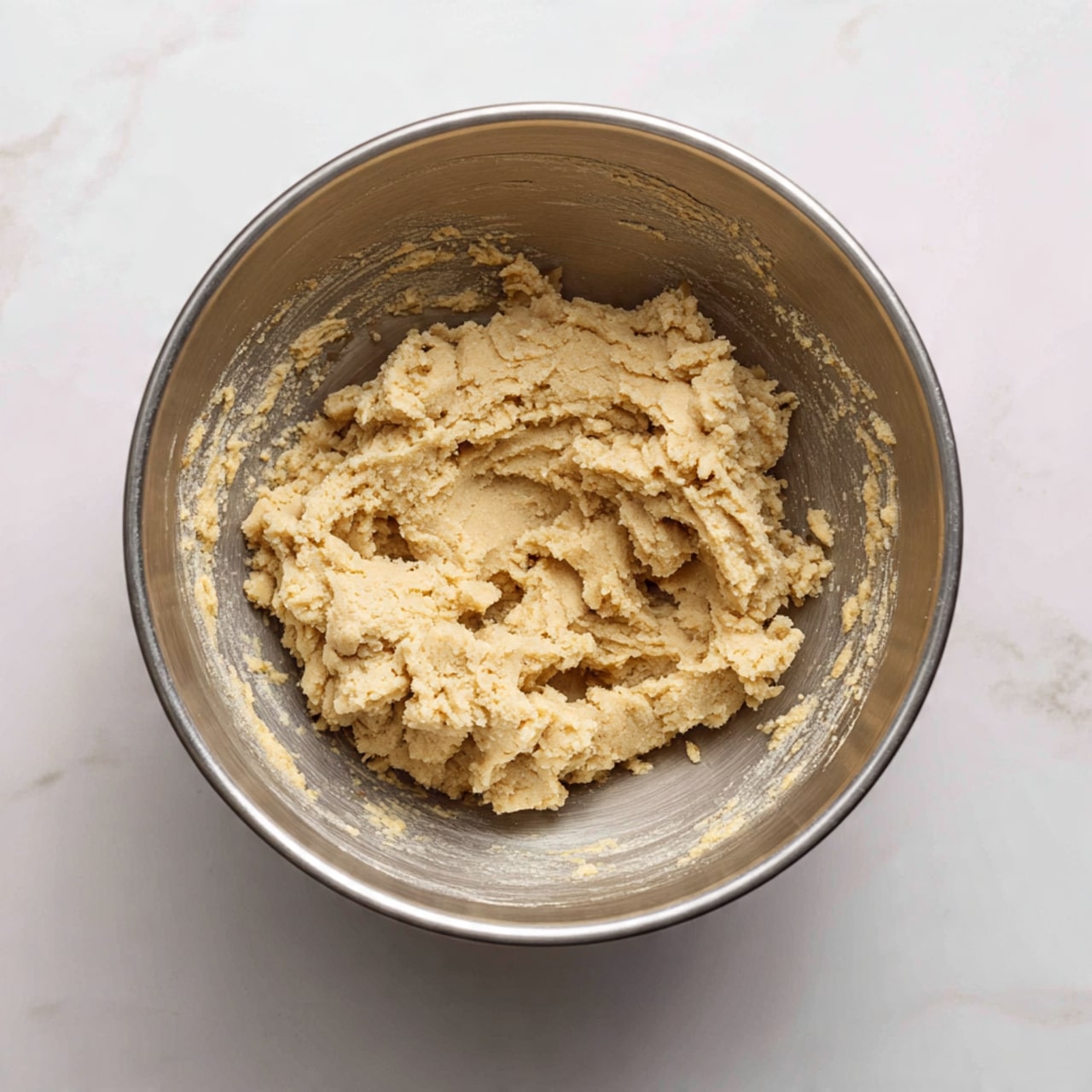 A top view of a metal mixing bowl containing a thick, beige cookie dough clumped in the center with some dough spread along the sides of the bowl. The bowl sits on a white marbled surface, and the dough has a rough, slightly sticky texture with visible small chunks. The lighting is soft, showing the dough's uneven surface clearly. photo taken with an iphone --ar 4:5 --v 7