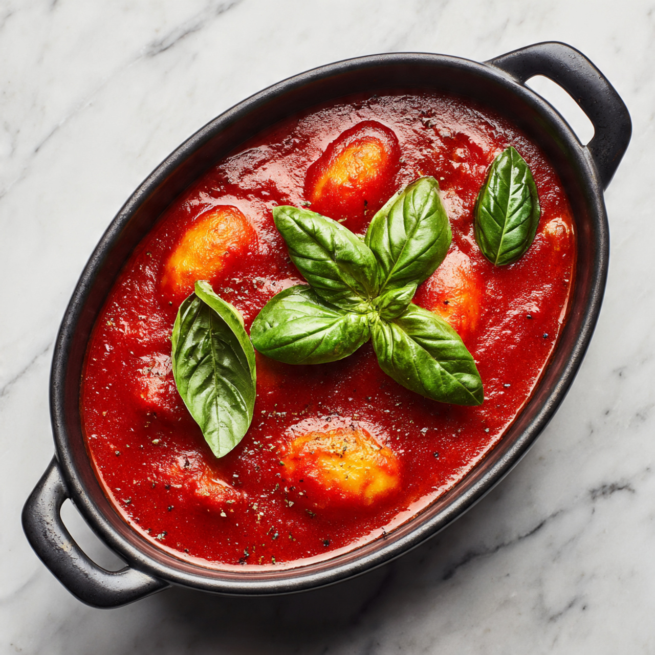 Creamy Tomato Bisque with Basil and a Touch of Chili Flakes Recipe 5 A white speckled bowl holds a smooth, rich orange soup, topped with three golden-brown crispy squares, one of which is torn open to reveal melted yellow cheese stretching out. On top of the soup, a swirl of white cream forms a spiral pattern, garnished with thin slices of fresh green basil and small black pepper flakes scattered around. The bowl sits on a white marbled surface next to a black and white striped cloth. Photo taken with an iphone --ar 4:5 --v 7