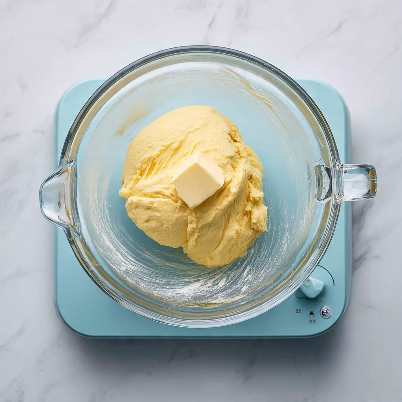 A soft, golden-brown loaf of bread made of six rounded, puffy sections closely packed together, each section showing a slightly shiny and lightly cracked surface on top. The loaf sits on a wooden board placed on a white marbled surface. Part of a small white bowl with soft cream butter is visible on the lower right next to a butter knife. In the blurred background, a stack of white plates and a textured gray cloth can be seen. photo taken with an iphone --ar 4:5 --v 7