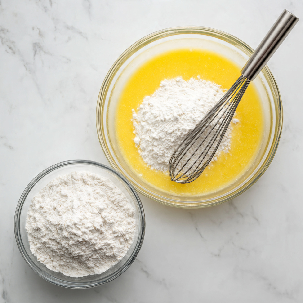 A clear glass bowl with a yellow liquid mixture inside is set on a white marbled surface. On top of the yellow mixture, there is a mound of white flour, ready to be mixed. A metal whisk with silver wires rests diagonally in the bowl, touching both the flour and the yellow liquid. At the bottom right of the image, another clear glass bowl filled with white flour is partially visible. Photo taken with an iphone --ar 4:5 --v 7