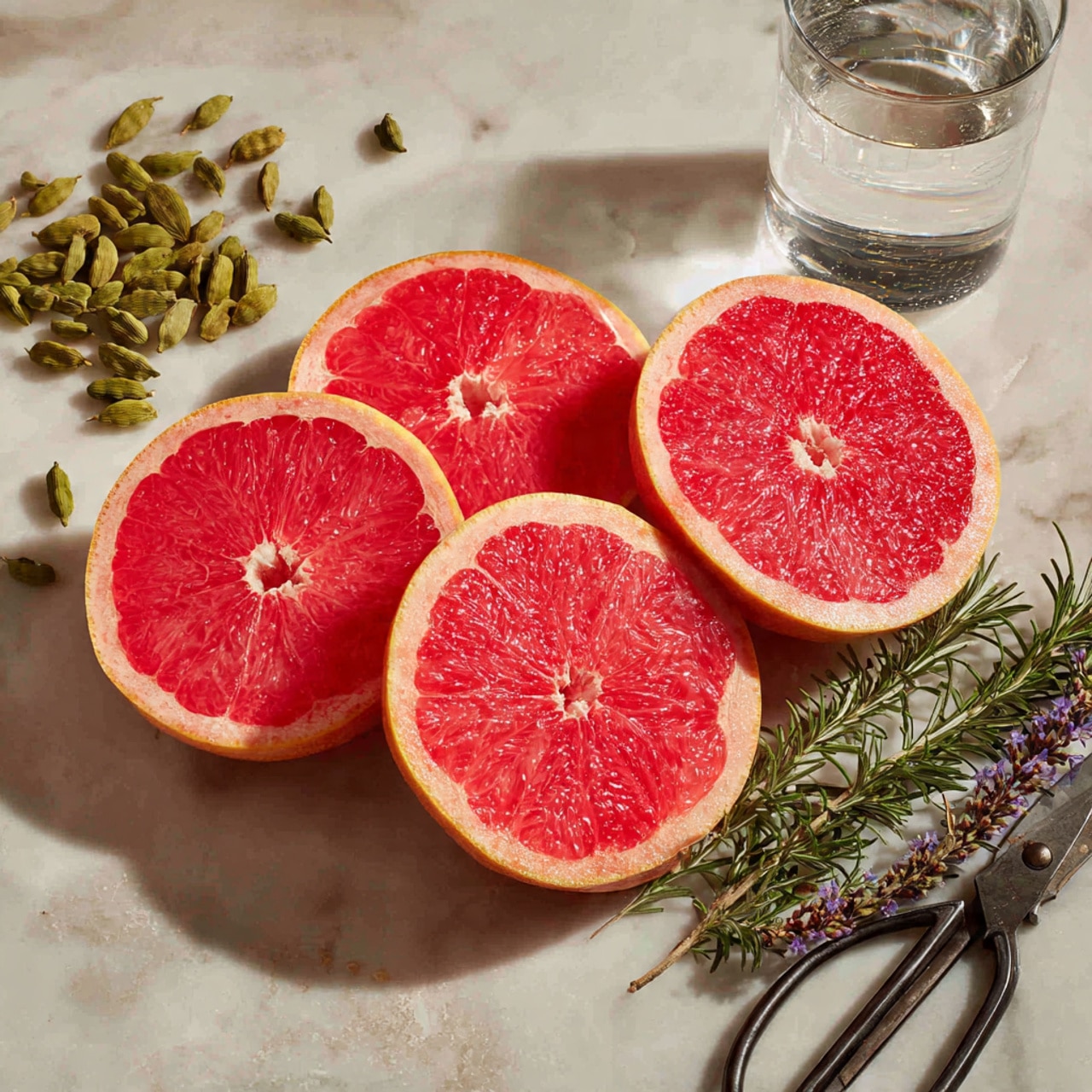 The image shows four halves of bright pink grapefruit, arranged in a loose cluster on a white marbled surface. To the left, green cardamom pods are scattered randomly, with some inside a clear glass of water. Below the grapefruit halves, two sprigs of fresh rosemary with small purple flowers lie neat and flat. Near the bottom right corner, there is a pair of black garden scissors. The whole setup is bright, fresh, and clean with a natural look. photo taken with an iphone --ar 4:5 --v 7