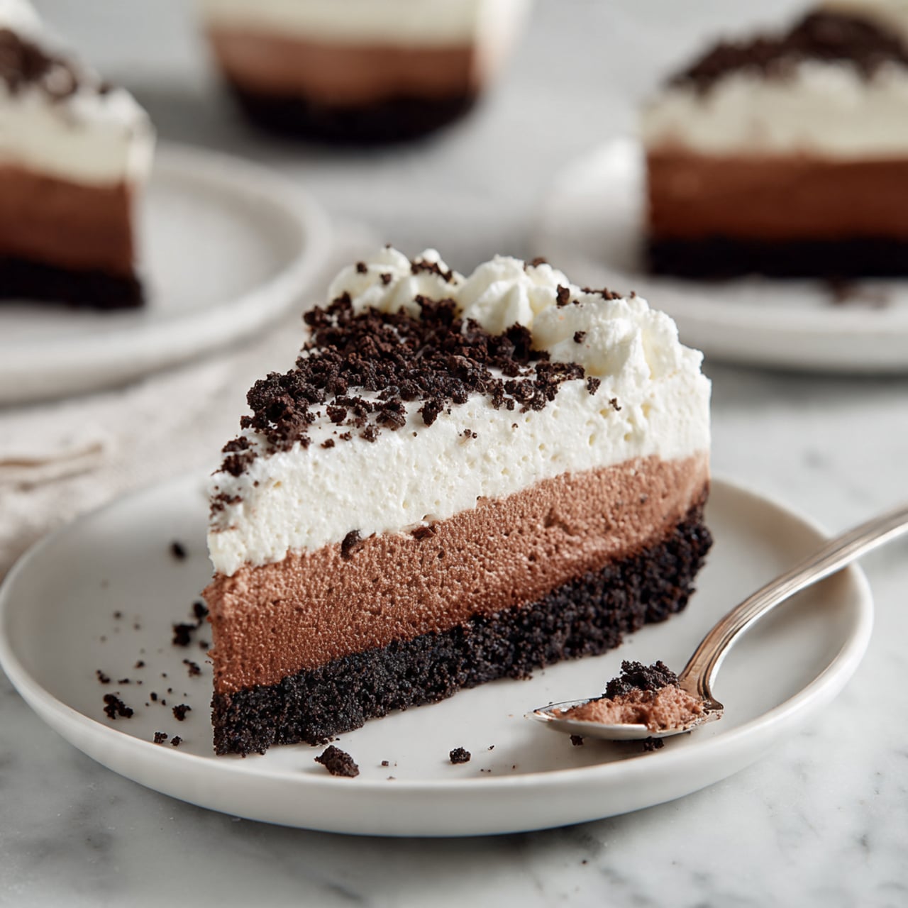 A clear glass bowl filled with smooth, thick, brown chocolate mousse, swirled evenly with a wooden spatula that has a light-colored silicone tip, lying partially inside the mousse. The mousse has a creamy texture with some soft peaks and waves shaped by the spatula. The bowl is placed on a white marbled surface. photo taken with an iphone --ar 4:5 --v 7