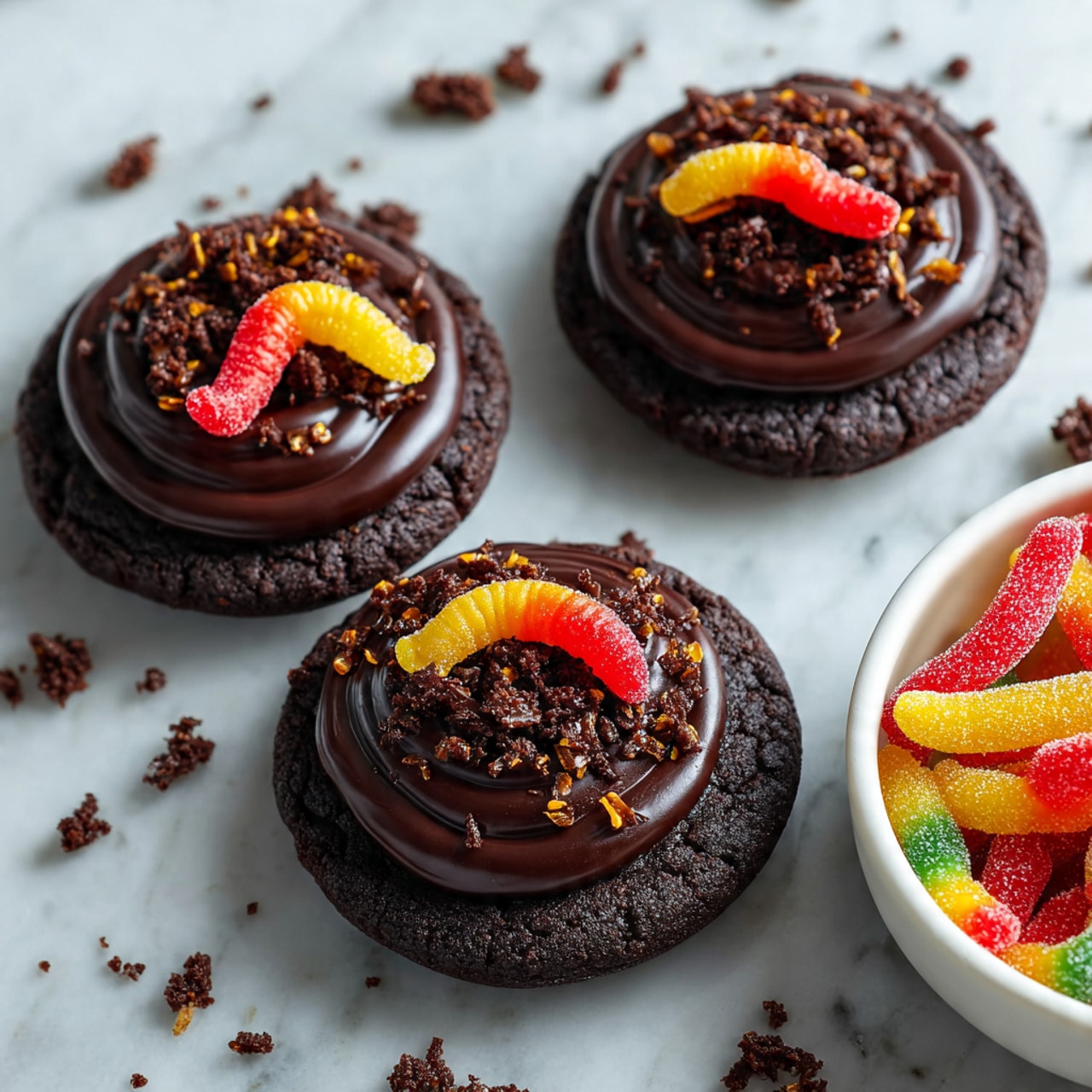 A close-up view of three round, dark chocolate cookies with smooth, shiny dark chocolate frosting swirled on top, sprinkled with small bits of crushed chocolate crumbs. Each cookie is topped with one gummy worm candy—colors include a red and yellow worm on the middle cookie and an orange worm on the right cookie. The cookies rest on a white marbled surface with some chocolate crumbs scattered around. In the bottom right corner, a white bowl is filled with colorful gummy worms. Photo taken with an iphone --ar 4:5 --v 7