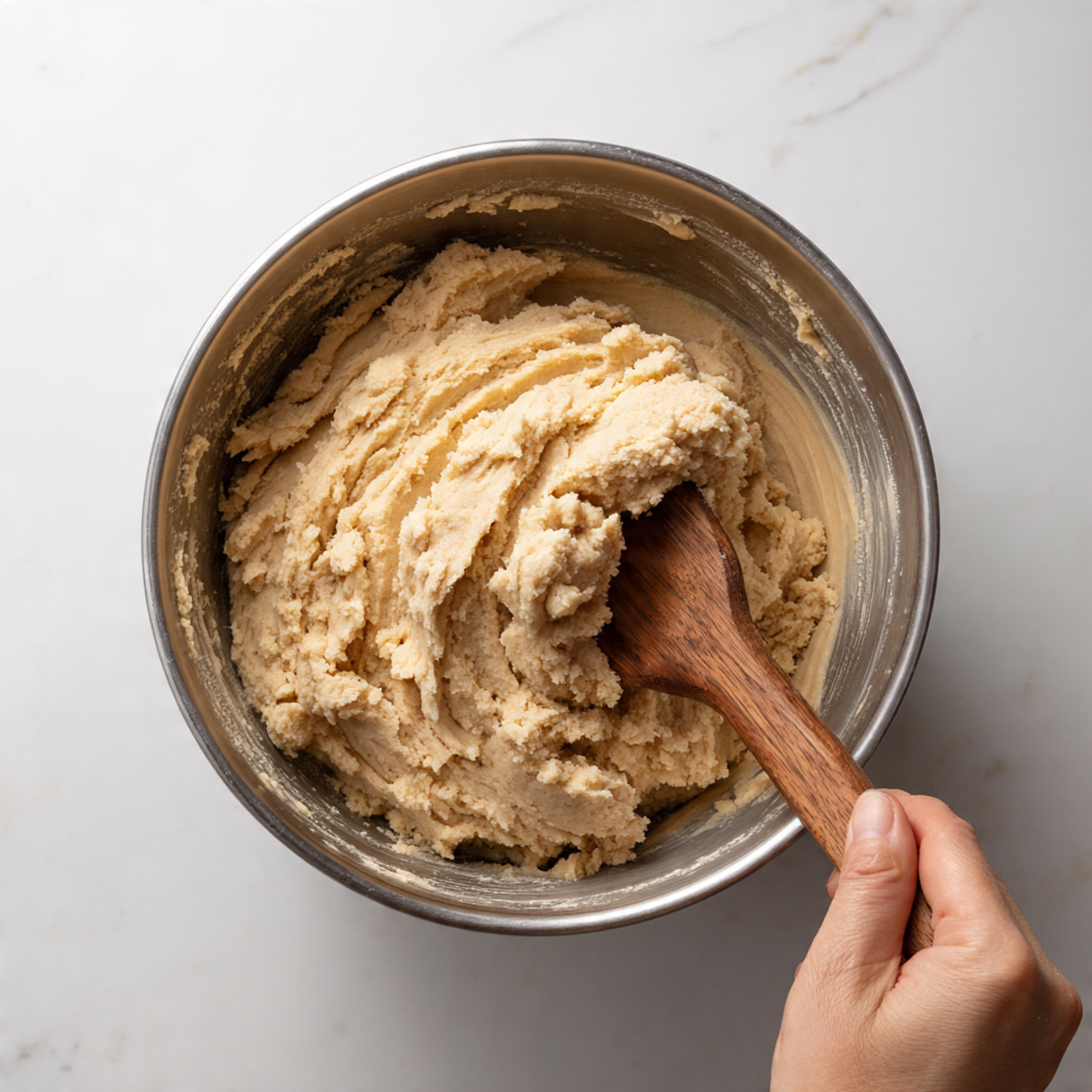 A close-up view of a halved brown muffin with a rough, crumbly texture, placed on a white plate. Each half of the muffin has a square piece of pale yellow butter melting slightly on top. Small crumbs surround the muffin on the plate, adding to the texture. Next to the plate, there is an old, slightly tarnished knife with a wooden handle resting on a white marbled surface. The lighting is soft, highlighting the warm tones of the muffin and butter. photo taken with an iphone --ar 4:5 --v 7