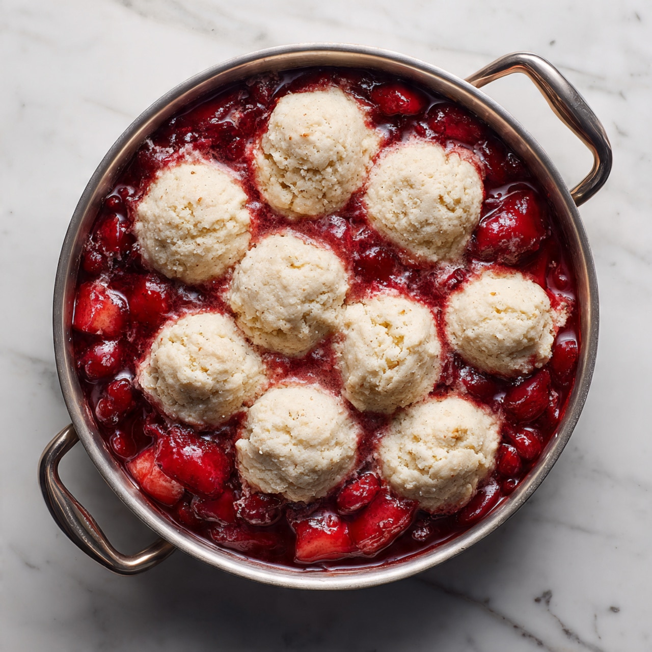 A round metal pan holds a freshly baked fruit cobbler with two main layers. The bottom layer is bright red, showing a thick mixed berry filling with a juicy, slightly glossy texture peeking out between the top layer. The top layer consists of ten unevenly shaped, golden-brown biscuit pieces closely placed to cover the fruit, with a rough, crumbly texture and slightly darker spots from baking. The pan sits on a white marbled surface. photo taken with an iphone --ar 4:5 --v 7