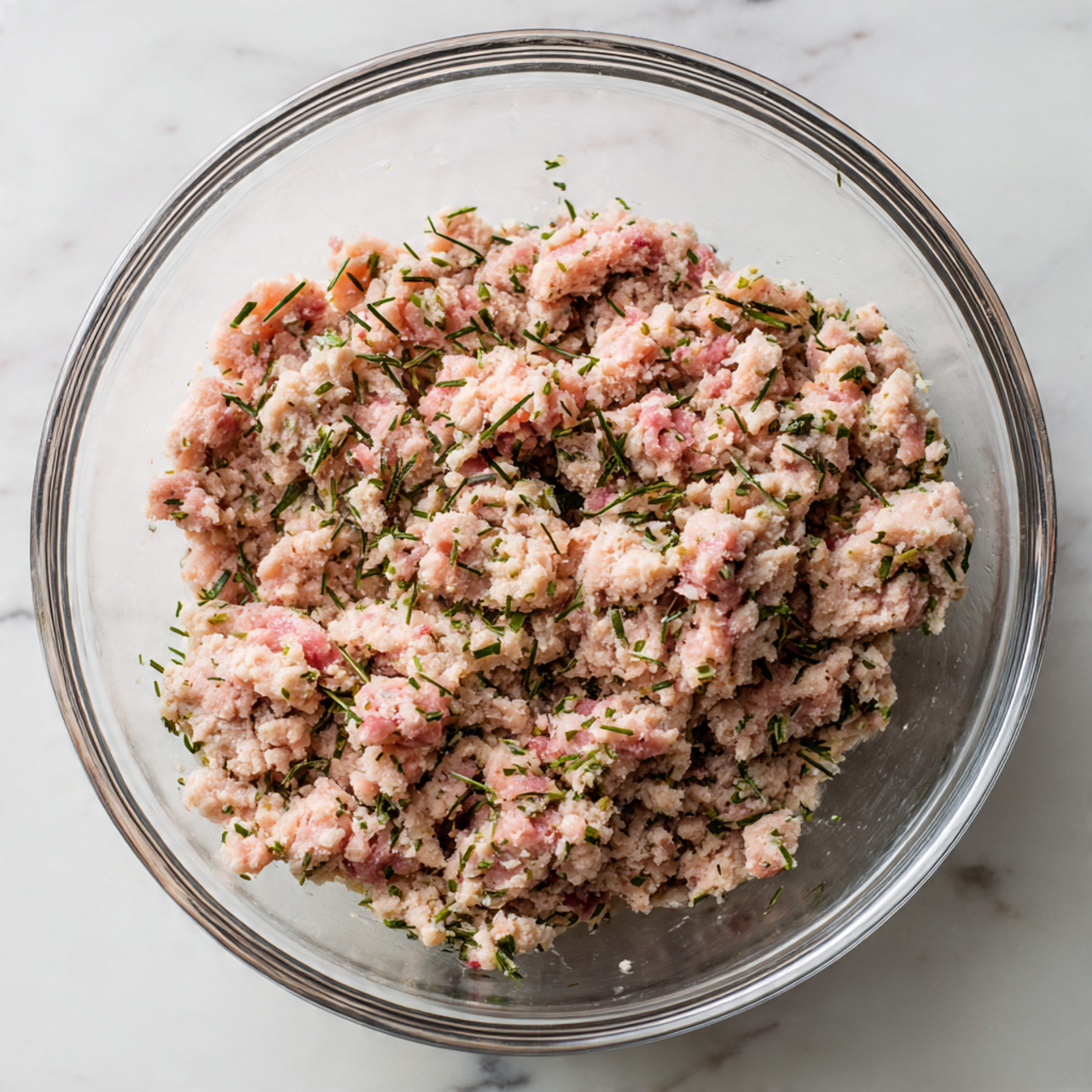 A clear glass bowl sits on a white marbled surface, filled with a mixture of pale pink and beige ground meat combined with finely chopped green herbs. The texture looks soft and slightly chunky, with small bits of herbs scattered evenly throughout the mixture. The bowl is centered in the image, showing the mixture from above, highlighting its moist and blended appearance. photo taken with an iphone --ar 4:5 --v 7