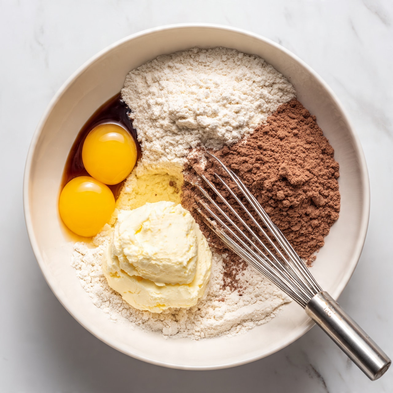 A white bowl sits on a white marbled surface, filled with several layers of baking ingredients before mixing. At the bottom left are two raw egg yolks with clear egg whites surrounding them. Next to the eggs is a dark brown layer of liquid, likely vanilla or syrup. On the top right side of the bowl, there is a dollop of thick, white cream. Multiple powders cover the rest of the bowl: white flour spread across the bottom right, light brown powder near the center, dark brown powder next to it on the right, and some cocoa powder scattered over the dark liquid. Two silver mixer beaters rest inside the bowl at the bottom, pointing towards the powders, ready to mix the ingredients. Photo taken with an iphone --ar 4:5 --v 7