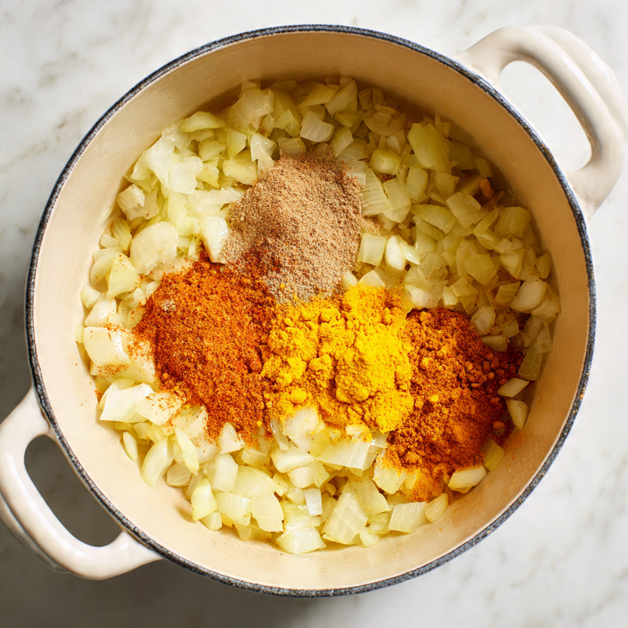 A white pot with two handles sits on a white marbled surface. Inside the pot are small pieces of light yellow onions spread out evenly. In the center, there are three piles of powdered spices: a brownish-orange one on the left, a bright yellow one in the middle, and a small amount of red spice on top of the yellow. The textures show the powder sitting on the soft cooked onions. photo taken with an iphone --ar 4:5 --v 7